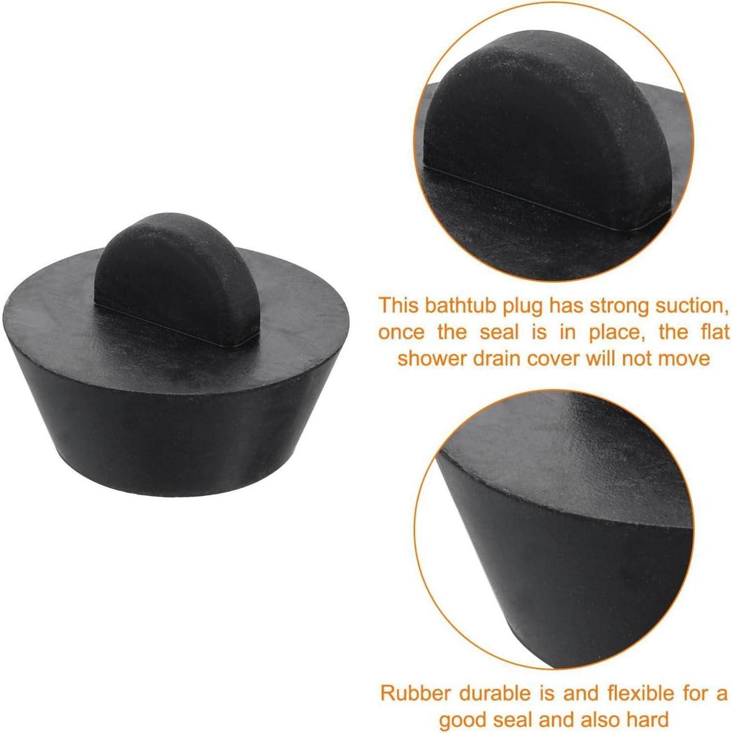 Schwarzer Gummi-Badewannenstöpsel mit Griff, gezeigt mit Nahaufnahmen, die das starke Saugverschlusssystem und das flexible, langlebige Material hervorheben.