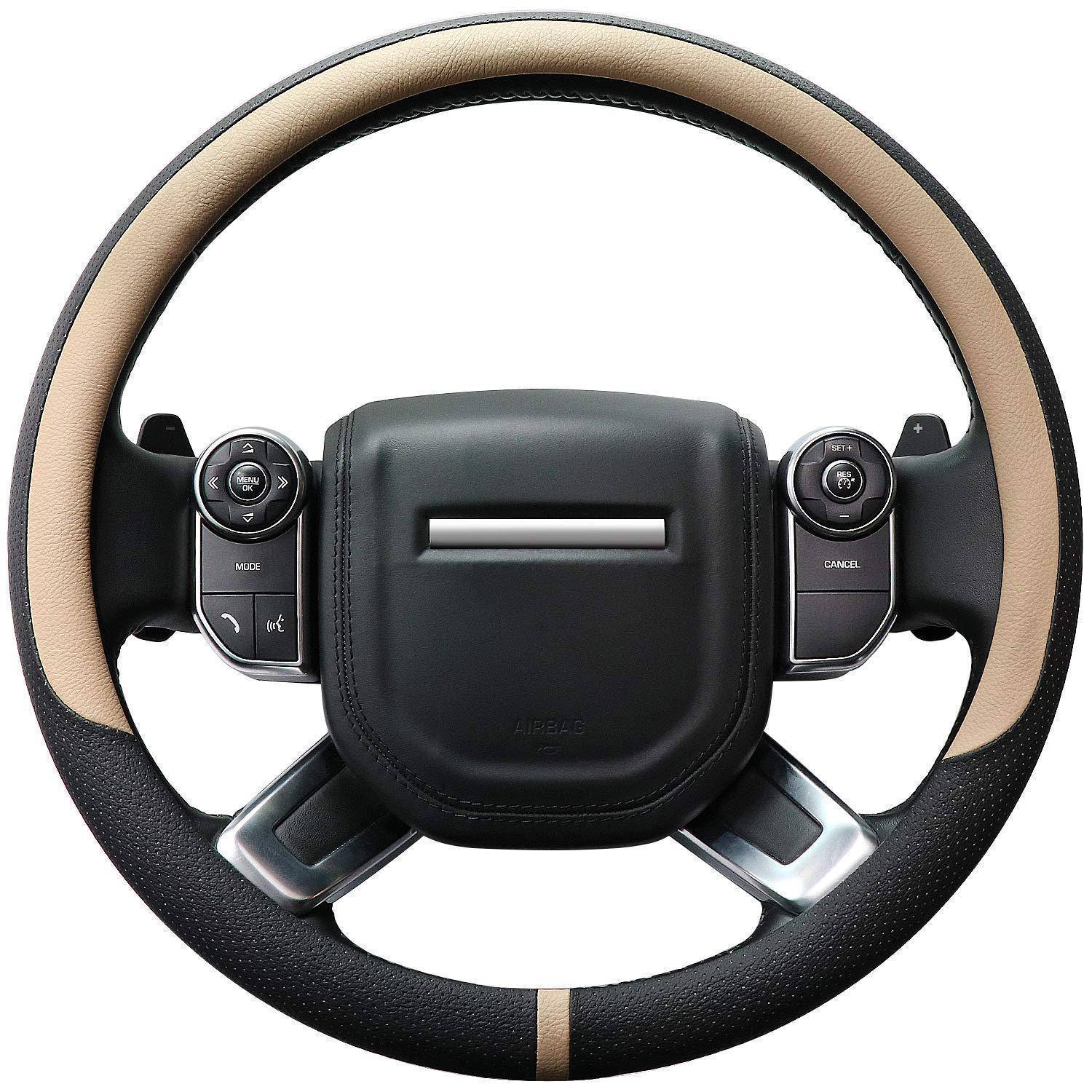 Luxus-Autolenkrad mit beigem und schwarzem Überzug, zentralem Airbag-Modul und integrierten Steuertasten auf beiden Speichen.