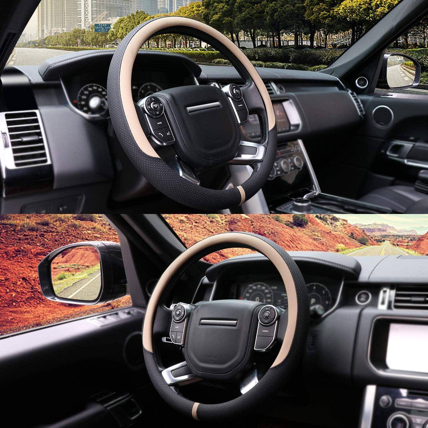 Zwei Ansichten des Autoinnenraums zeigen eine maßgefertigte Lenkradabdeckung mit einem beige Akzentband und schwarzen Bedienelementen, fotografiert aus dem Fahrersitz.