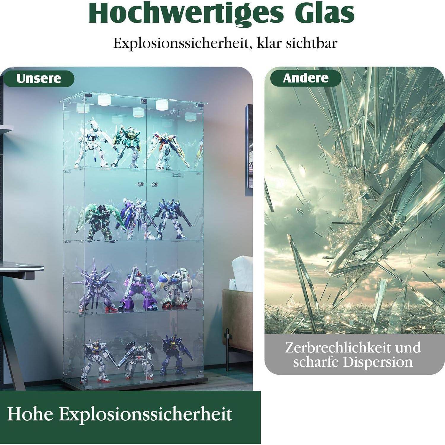 Vitrine aus Glas, moderner Sammlerschrank aus Glas, 4 Schichten, mit mehrfarbigem LED-Licht, Aufbewahrungsschrank aus Glas auf Fuß, für Handwerk, Wo