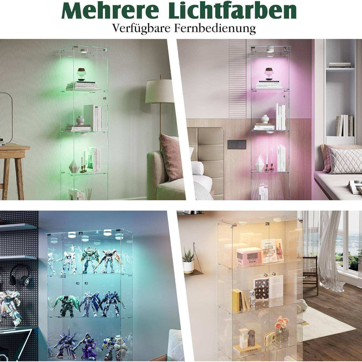 Glasvitrine Standvitrine mit LED,Modern Glas Vitrinenschrank für Sammlerstücke Bücher Wein,4 Glasböden & 2 Türen abschließbar,163x78x35 cm, Schw