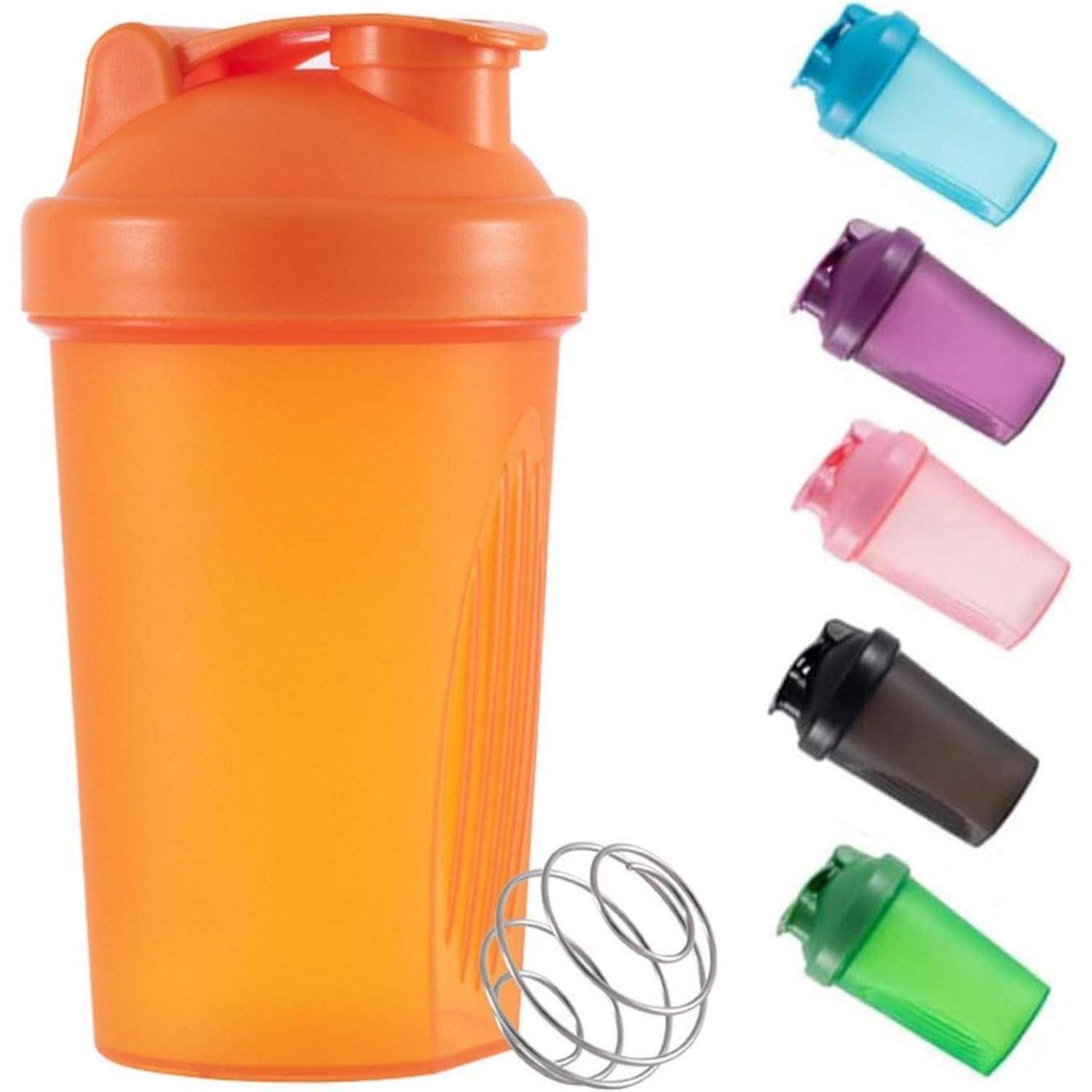 Orange Shaker-Flasche mit Drahtmischball, gezeigt mit fünf Farboptionen in Blau, Lila, Rosa, Schwarz und Grün.