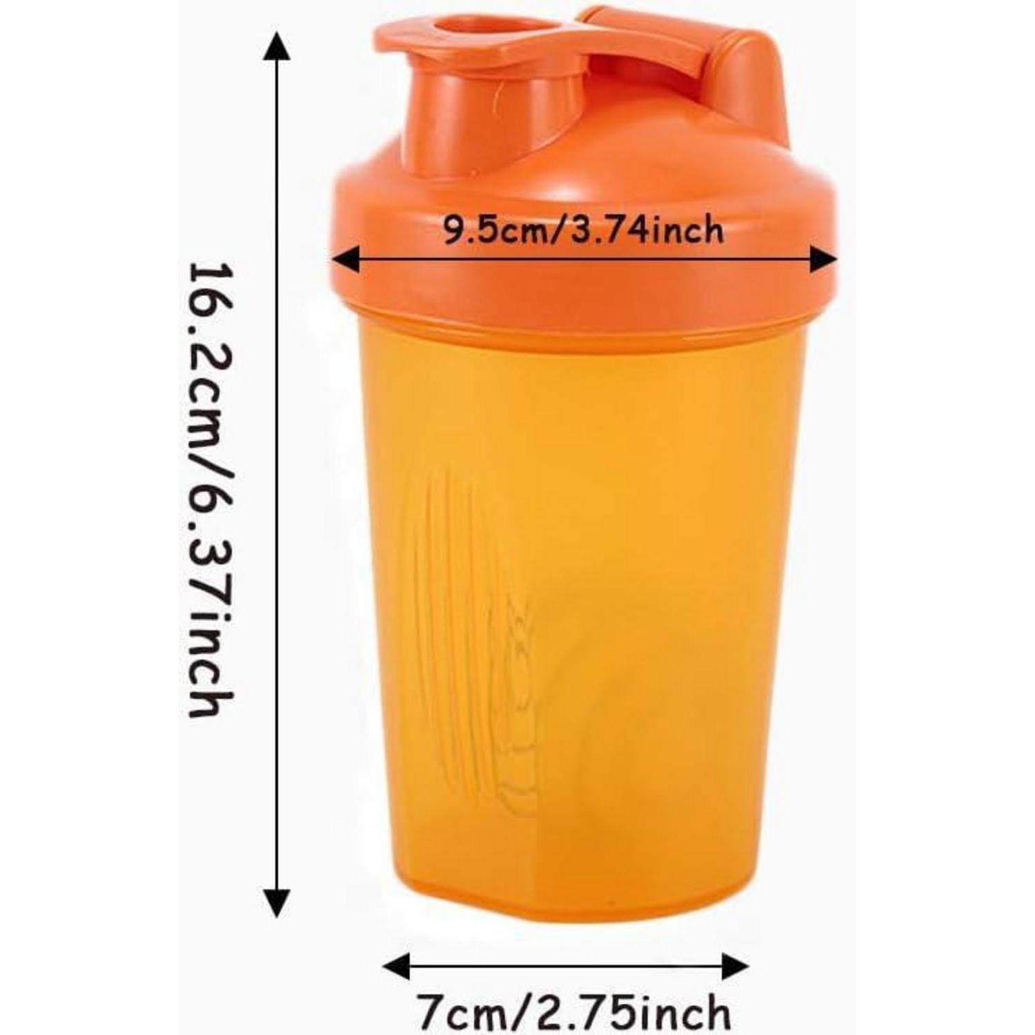 Orange-farbene Shaker-Flasche mit Flip-Top-Deckel, gezeigt mit den Abmessungen: 16,2 cm Höhe, 9,5 cm Breite oben, 7 cm Breite an der Basis.