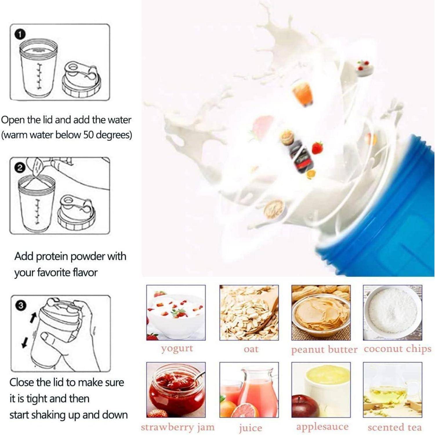 Anleitung für einen Proteinshake-Mixer: warmes Wasser hinzufügen, Proteinpulver hinzufügen, Deckel schließen und schütteln; empfohlene Geschmackssorten sind Joghurt, Hafer, Erdnussbutter, Kokosnuss-Chips, Erdbeermarmelade, Saft, Apfelmus und aromatisierter Tee.