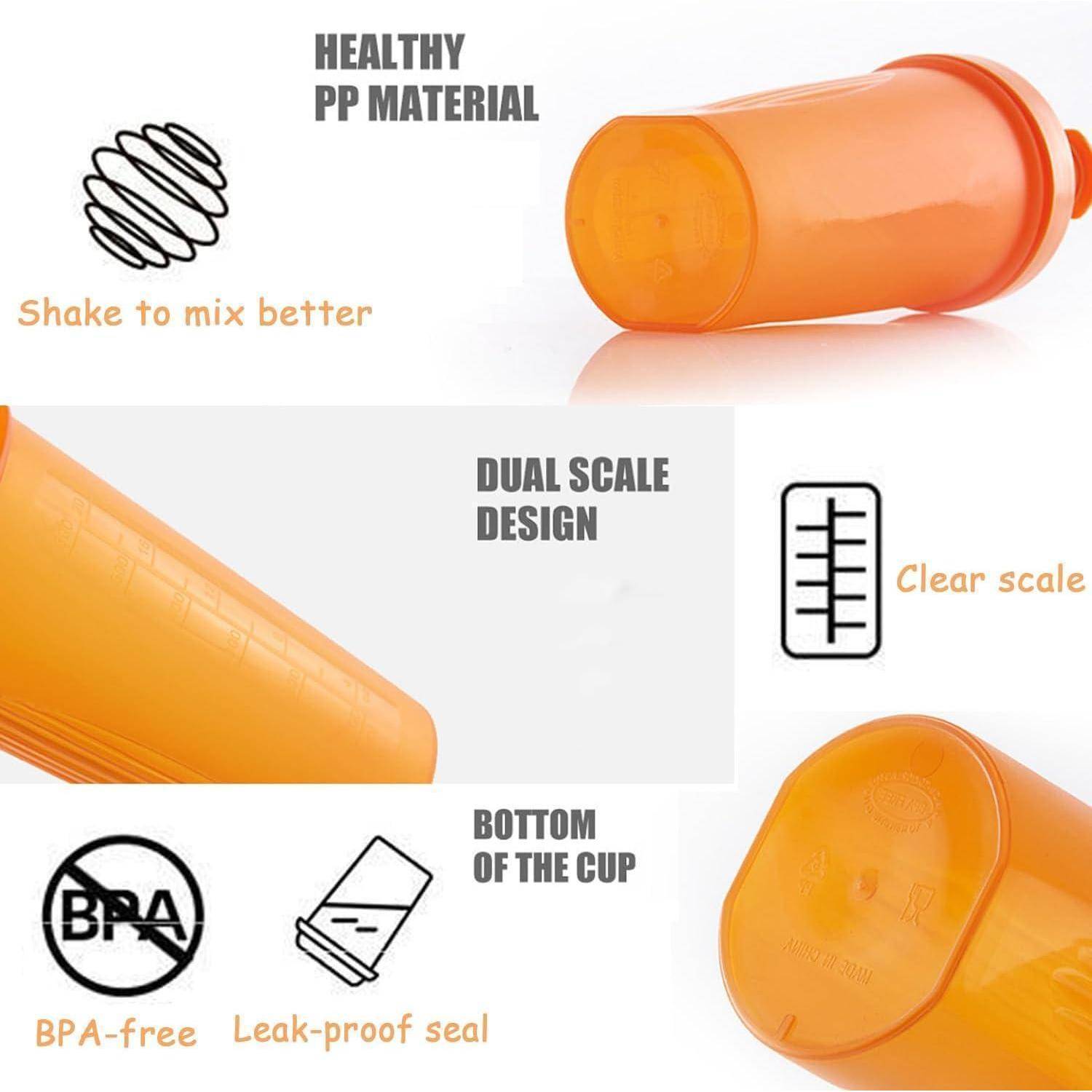 Infografik einer orangenen Shaker-Flasche mit Hervorhebung von gesundem PP-Material, Schütteln zum besseren Mischen, Doppelskala-Design, klare Skala, BPA-frei und dichtem Verschluss.