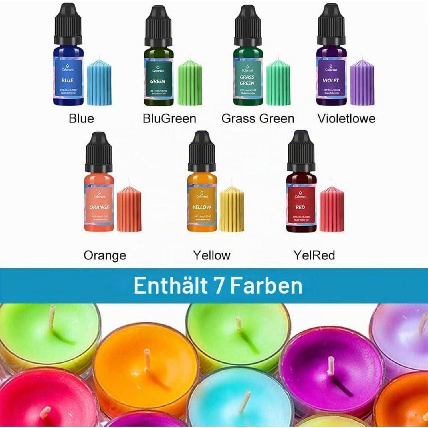 Produktbild, das sieben Kerzenfarben in Tropfflaschen zeigt, die mit Blau, BlauGrün, Grasgrün, Violettrot, Orange, Gelb und GelbRot beschriftet sind, mit dem Text „Enthält 7 Farben