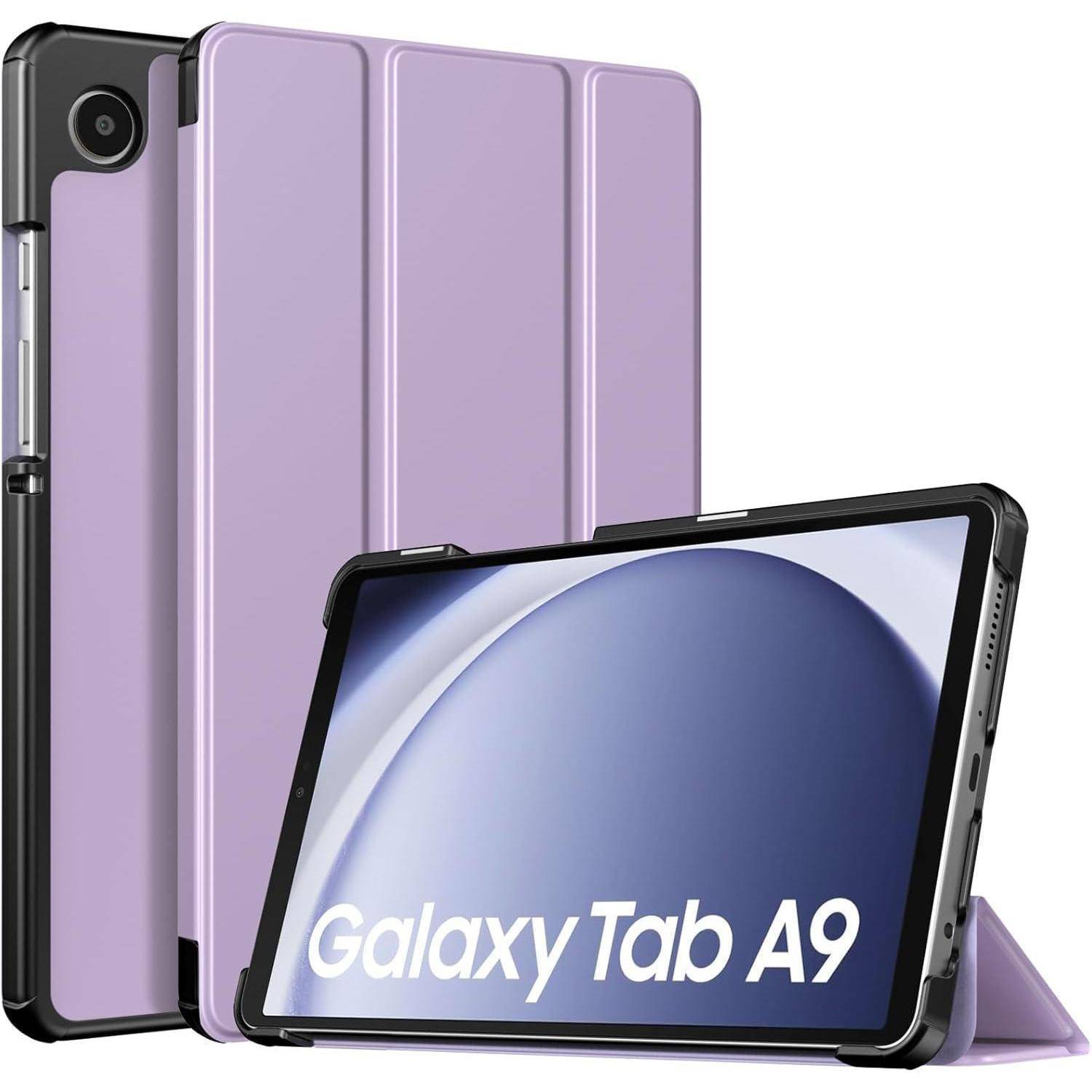 Samsung Galaxy Tab A9 Tablet in einem lila Folio-Etui, von vorne und hinten dargestellt, mit Bildschirm, auf dem 