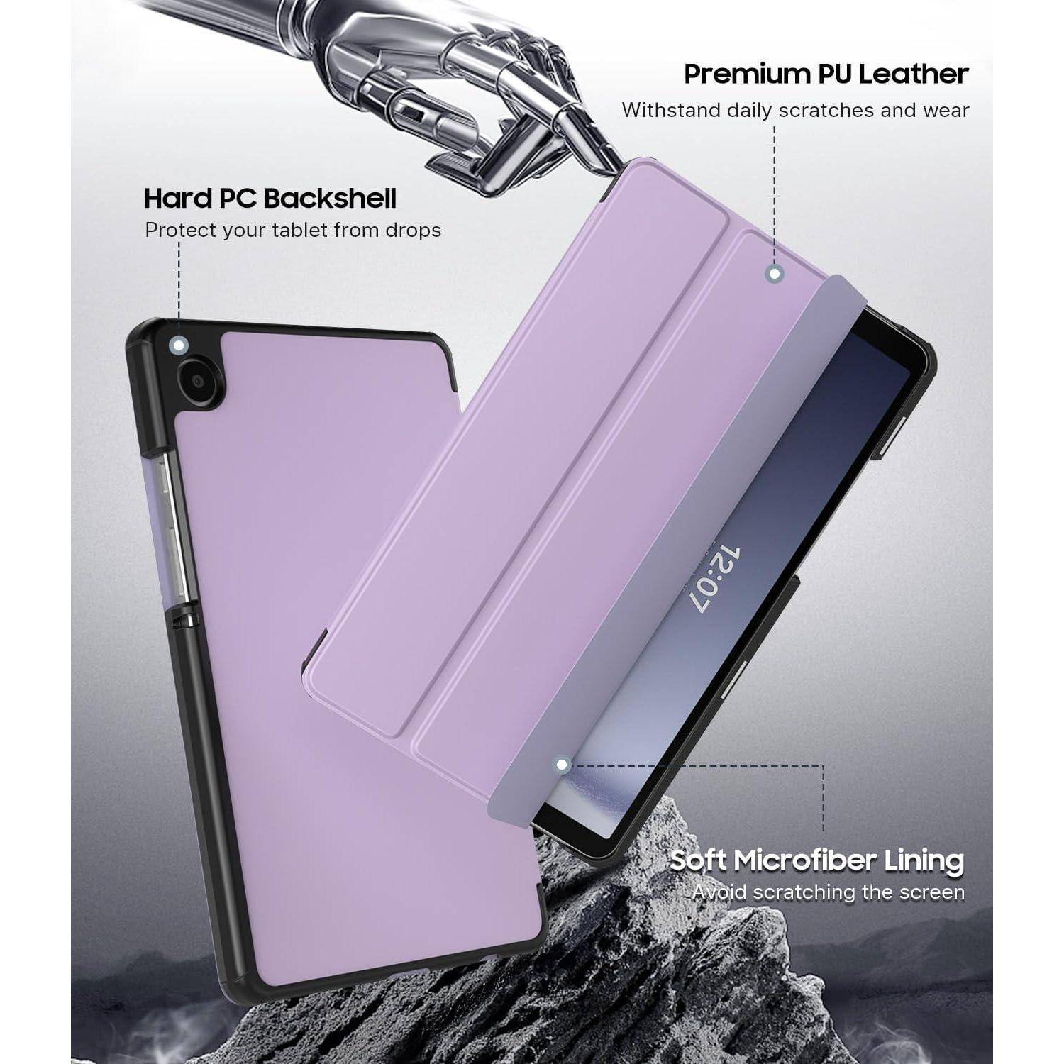 Violettes Tablet-Folio-Etui gezeigt offen und geschlossen, gekennzeichnet mit hartem PC-Rückenschale, Premium-PU-Leder und weicher Mikrofaser-Innenfütterung zum Schutz.