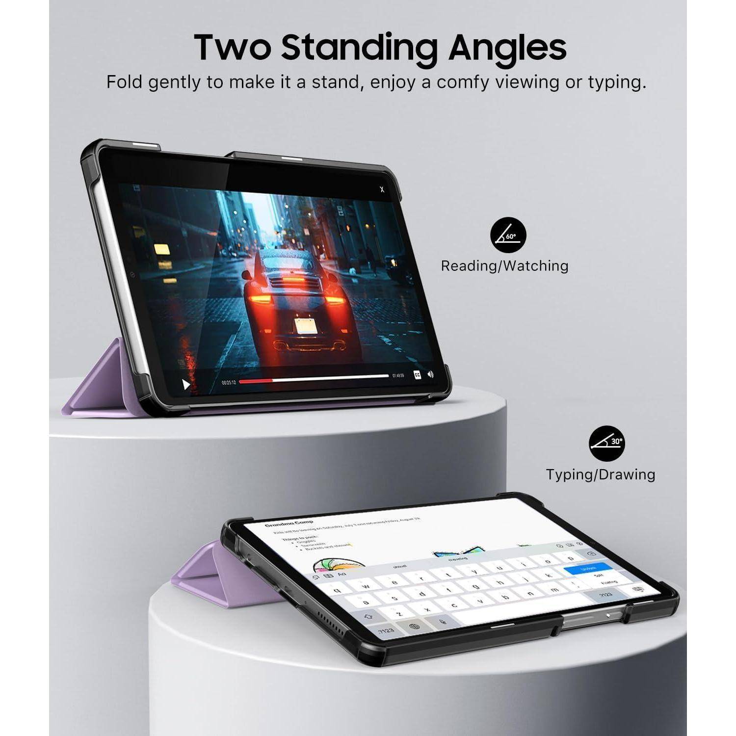 Werbebild einer Tablet-Schutzhülle, das zwei verschiedene Aufstellungswinkel zeigt: aufrecht zum Lesen/Schauen und in niedrigerem Winkel zum Tippen/Zeichnen.