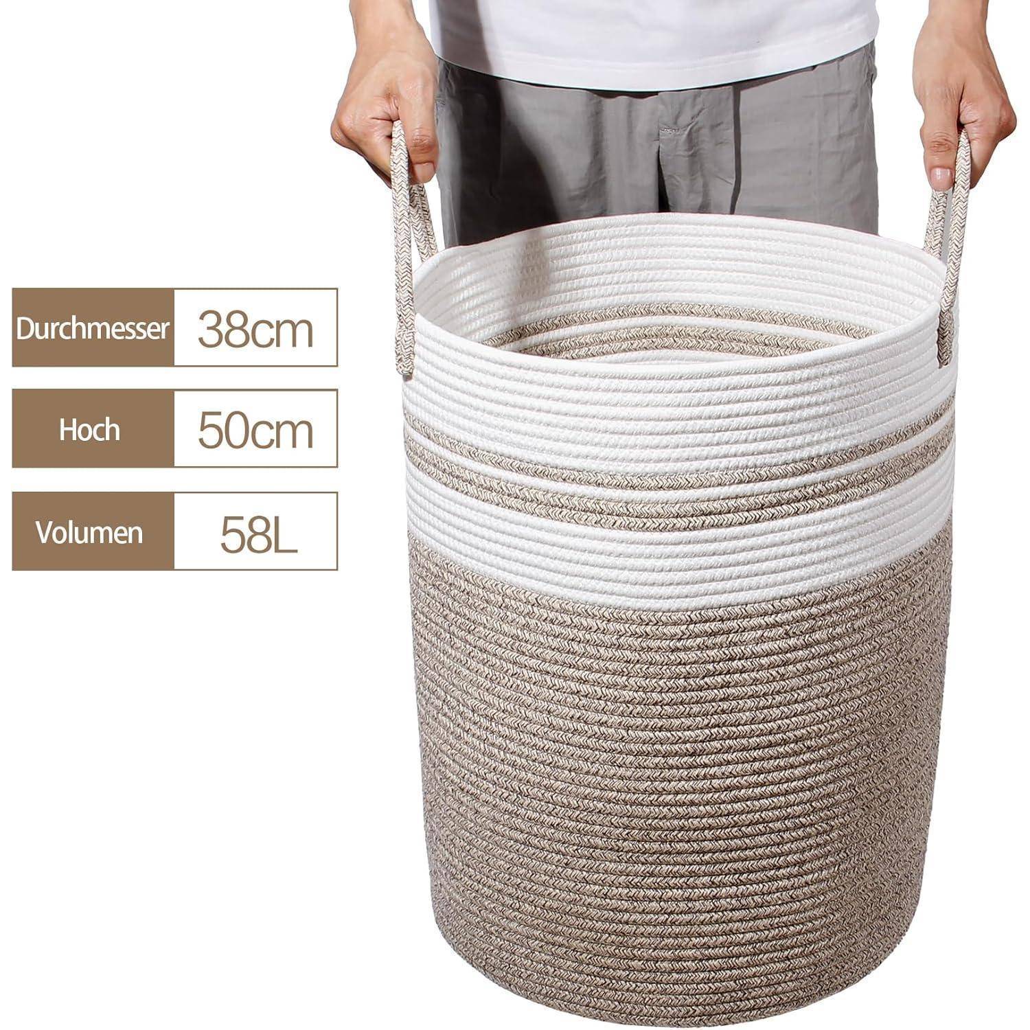 Person mit einem geflochtenen Seilspeicherkorb; Größenetiketten zeigen Durchmesser 38 cm, Höhe 50 cm und Volumen 58 L.