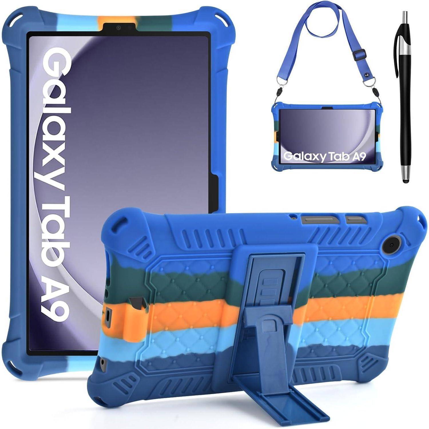 Robuste blaue Samsung Galaxy Tab A9 Tablet-Schutzhülle mit integriertem Ständer und Tragegurt, von vorne und hinten abgebildet, neben einem Stift zum Größenvergleich.