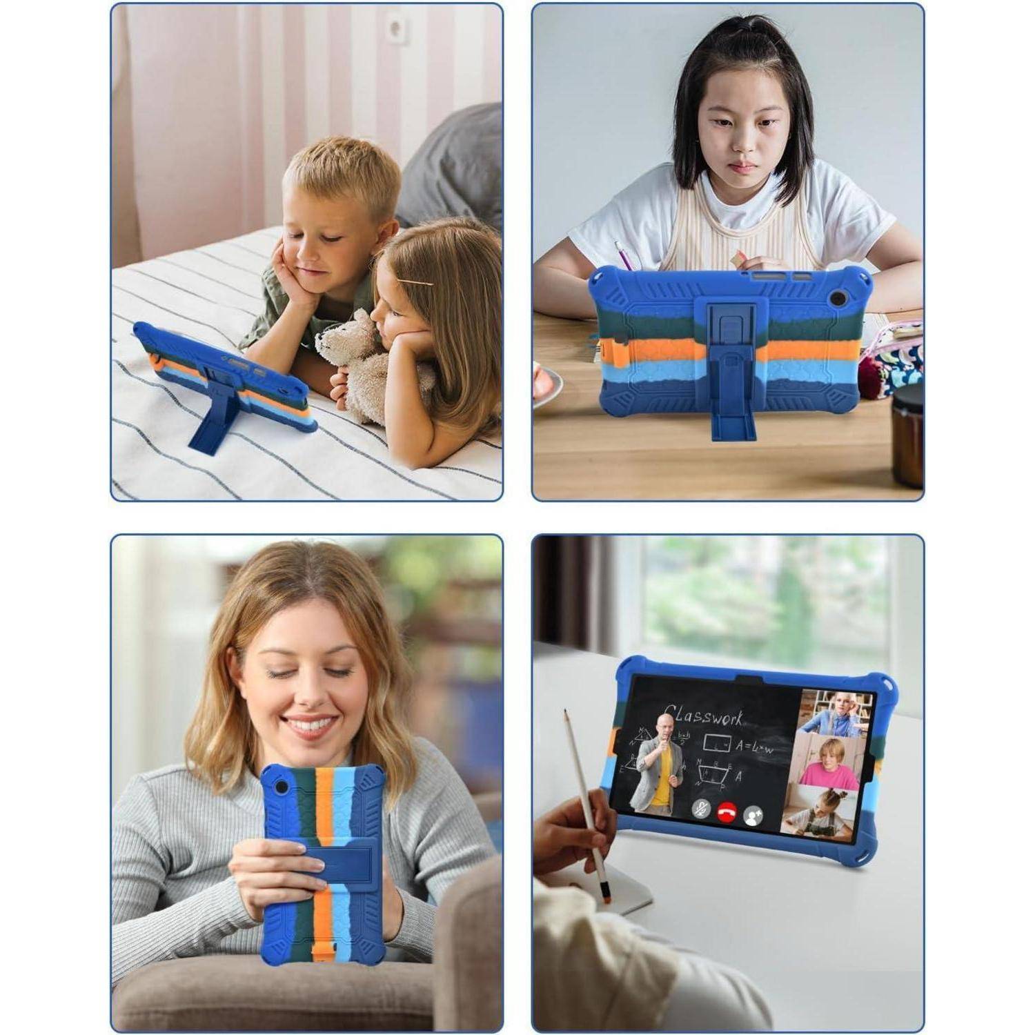 Collage aus einem robusten blauen Tablet-Etui, das als Ständer verwendet wird, mit Kindern und Erwachsenen, die auf einem Tablet schauen, spielen und videochatten.