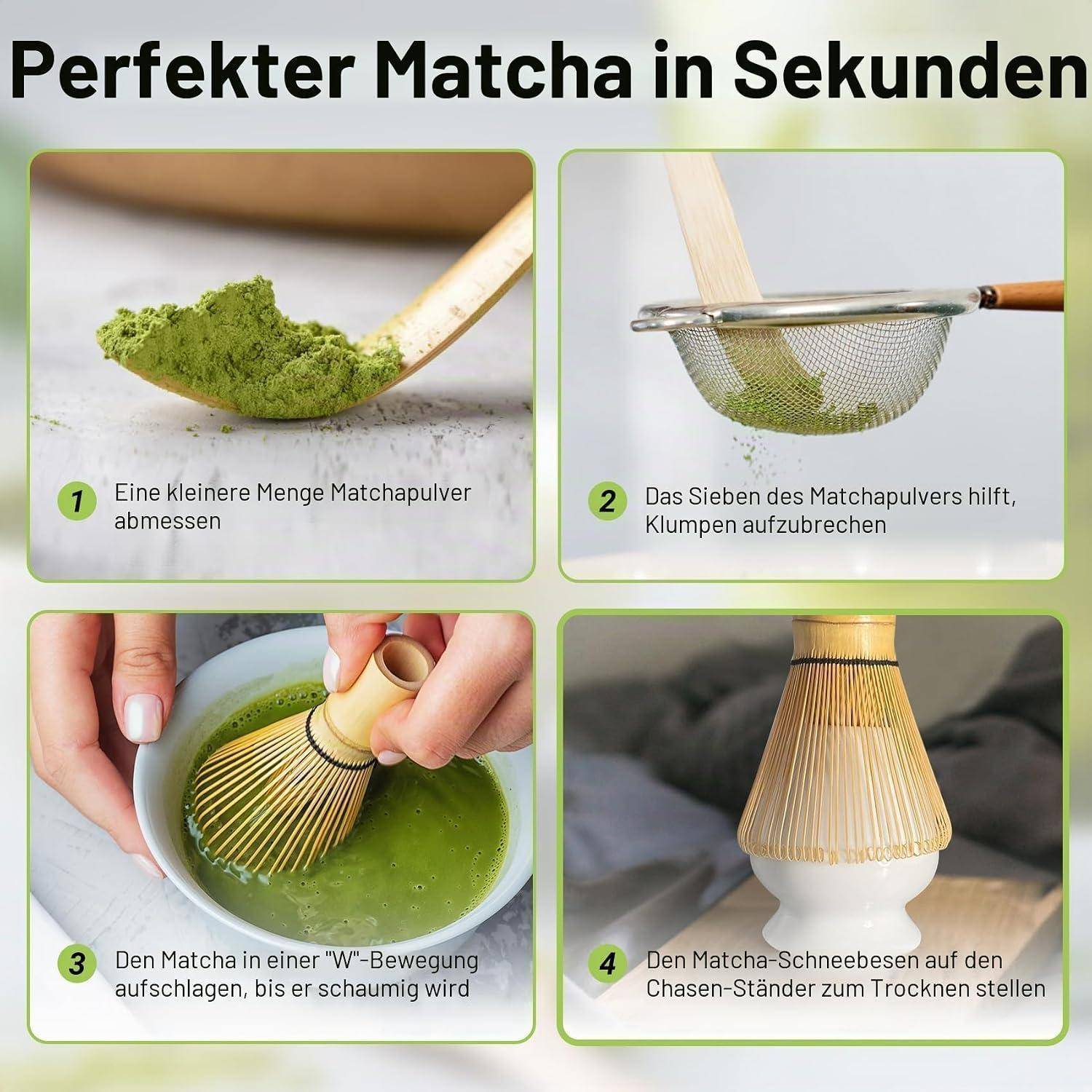 SHONMISEN Matcha Set MatchaBesen matcha zubehör Matcha Whisk 5-teiliges Matcha-Besen-Set Teelöffel Chasen-Ständer Weiss/Opulenter Garten