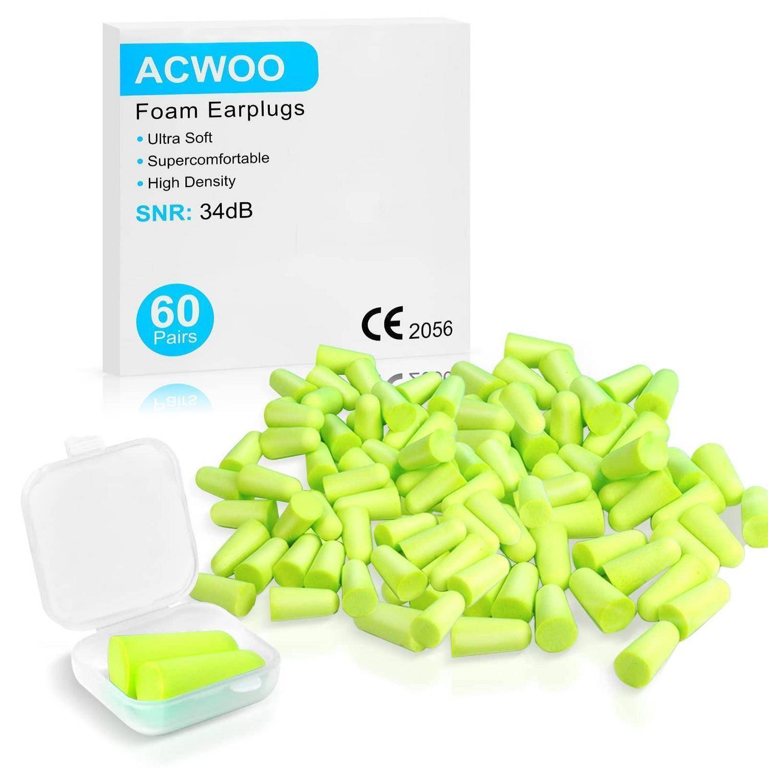 ACWOO Ohrstöpsel, 60 Paar Ohrstöpsel, Geräuschunterdrückung, SNR 34 dB, Reiselstöpsel aus weichem Schaumstoff, wiederverwendbar, Gehörschutz, f