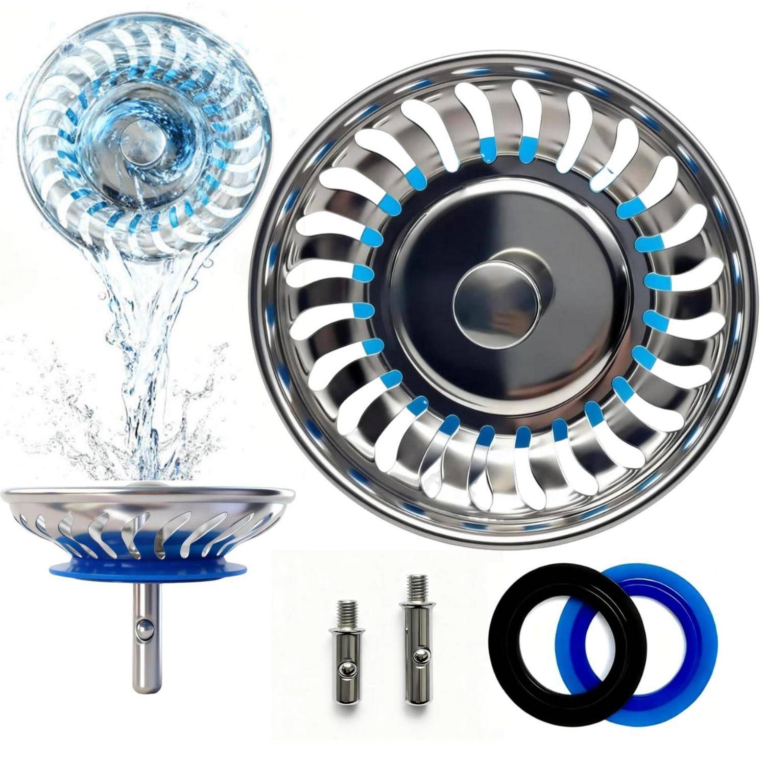 Diagramm eines wassersparenden Duschkopfes und Teile, das ein Spiralwasserfluss-Design zeigt, Frontansicht der Düse und enthaltene Anschlüsse und Dichtungsringe.