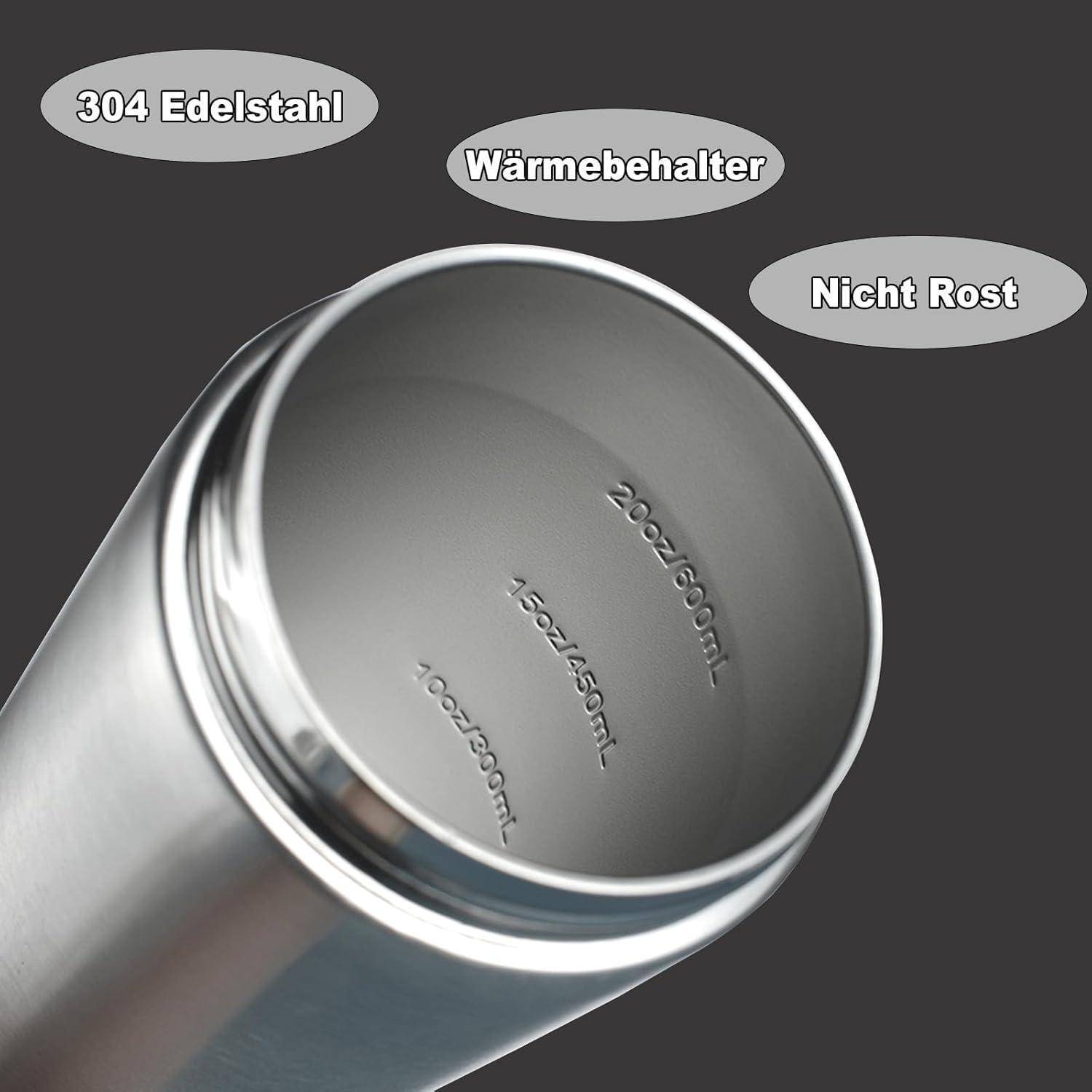 Nahaufnahme des Inneren einer Edelstahlthermoflasche mit eingepräägten Füllmengenmarkierungen und deutschen Etiketten: „304 Edelstahl