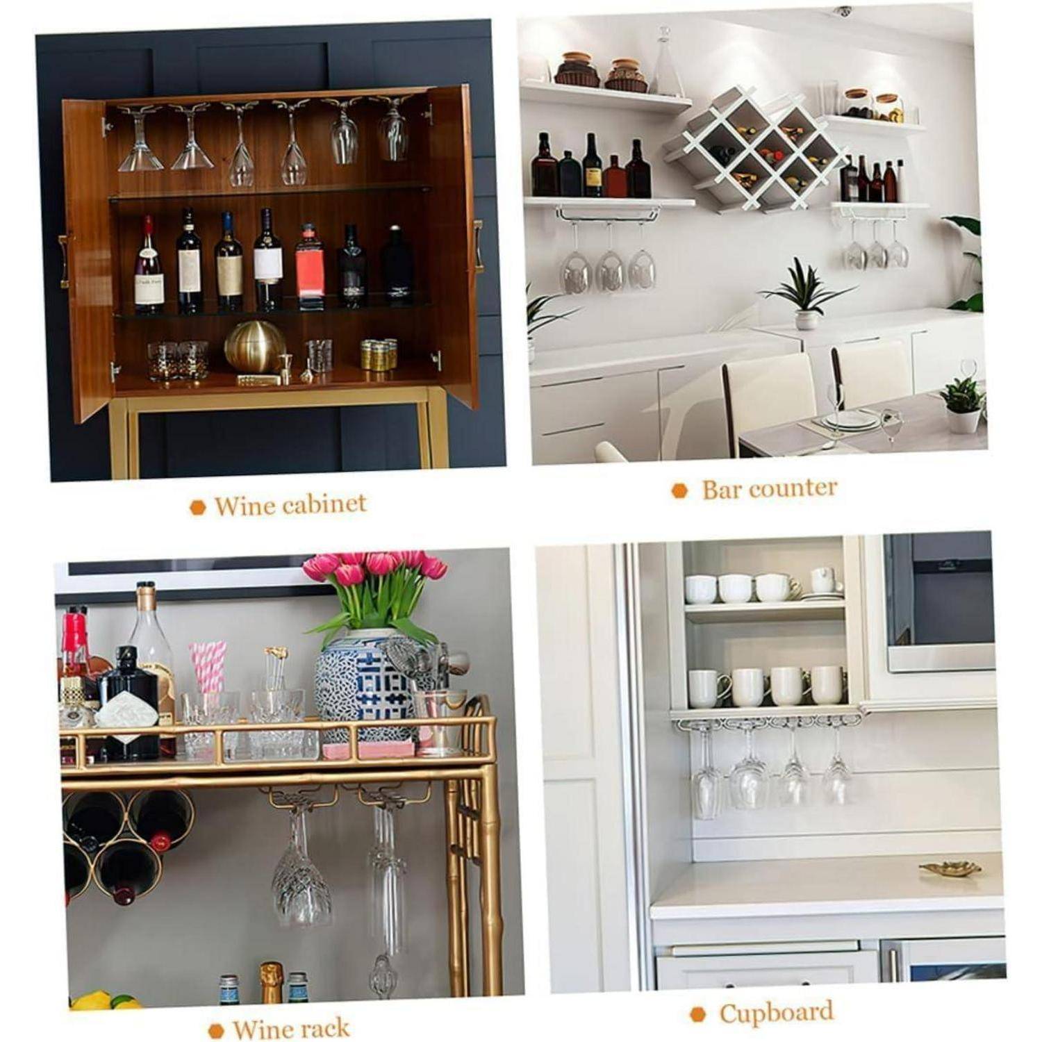 Vier beschriftete Beispiele für Hausbar-Aufbewahrung: Weinschrank, Bartresen, Weinregal und Schrank, jedes mit Flaschen und hängenden Gläsern.