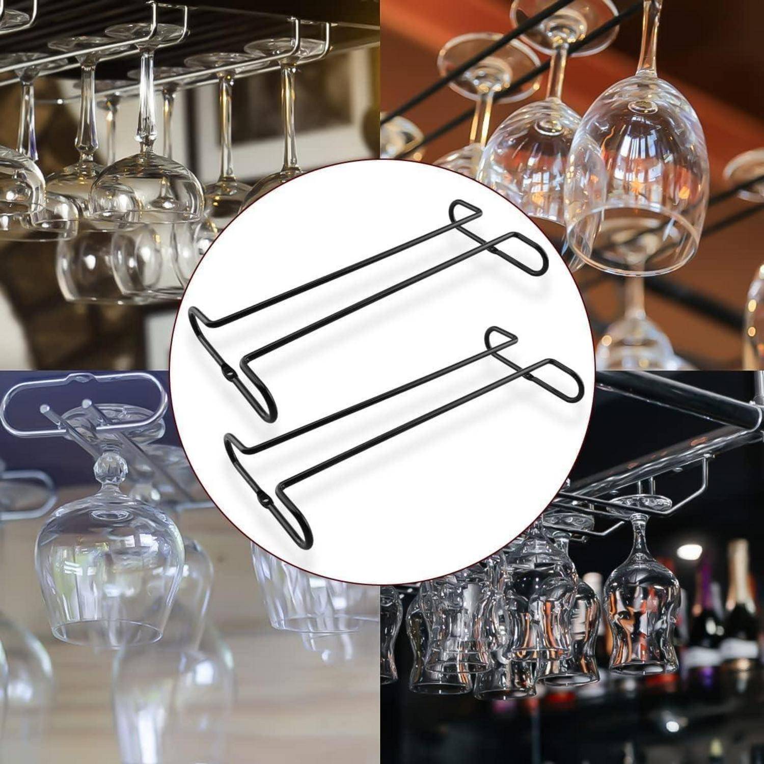 Vier Ansichten von hängenden Weinglas-Regalen mit einer zentralen Einfügung, die ein schwarzes Metall-Stielglas-Halter-Design zeigt.