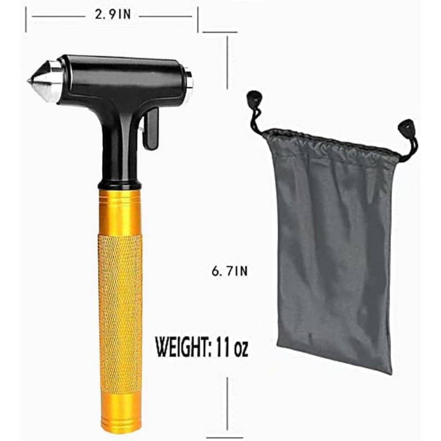 Kompaktes schwarz-goldenes Handwerkzeug, abgebildet mit den Abmessungen 2,9 Zoll mal 6,7 Zoll, Gewicht 11 oz, zusammen mit einem grauen Beutel mit Kordelzug zur Aufbewahrung.