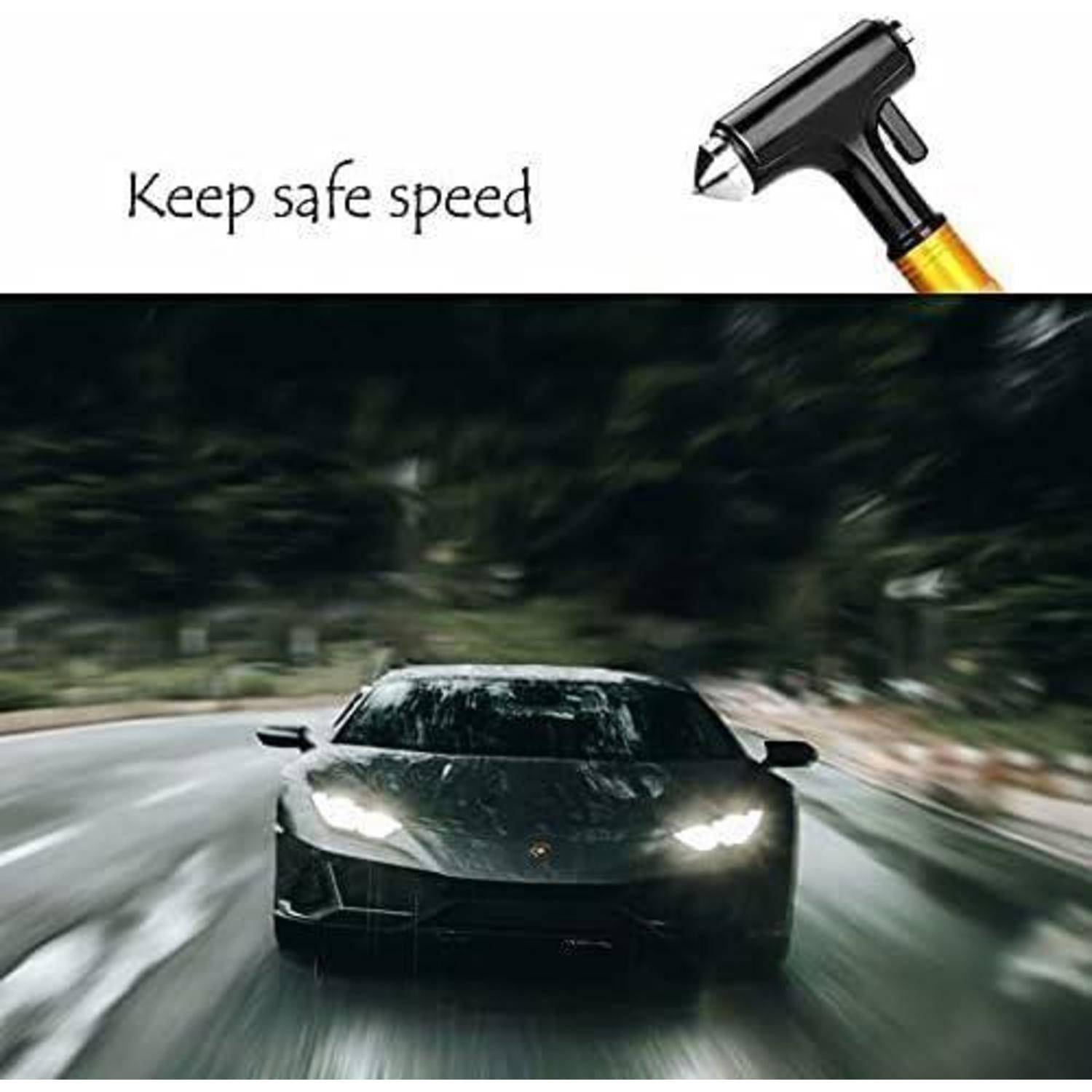 Werbeanzeige mit einem schnell fahrenden schwarzen Sportwagen und dem Slogan „Sichere Geschwindigkeit beibehalten