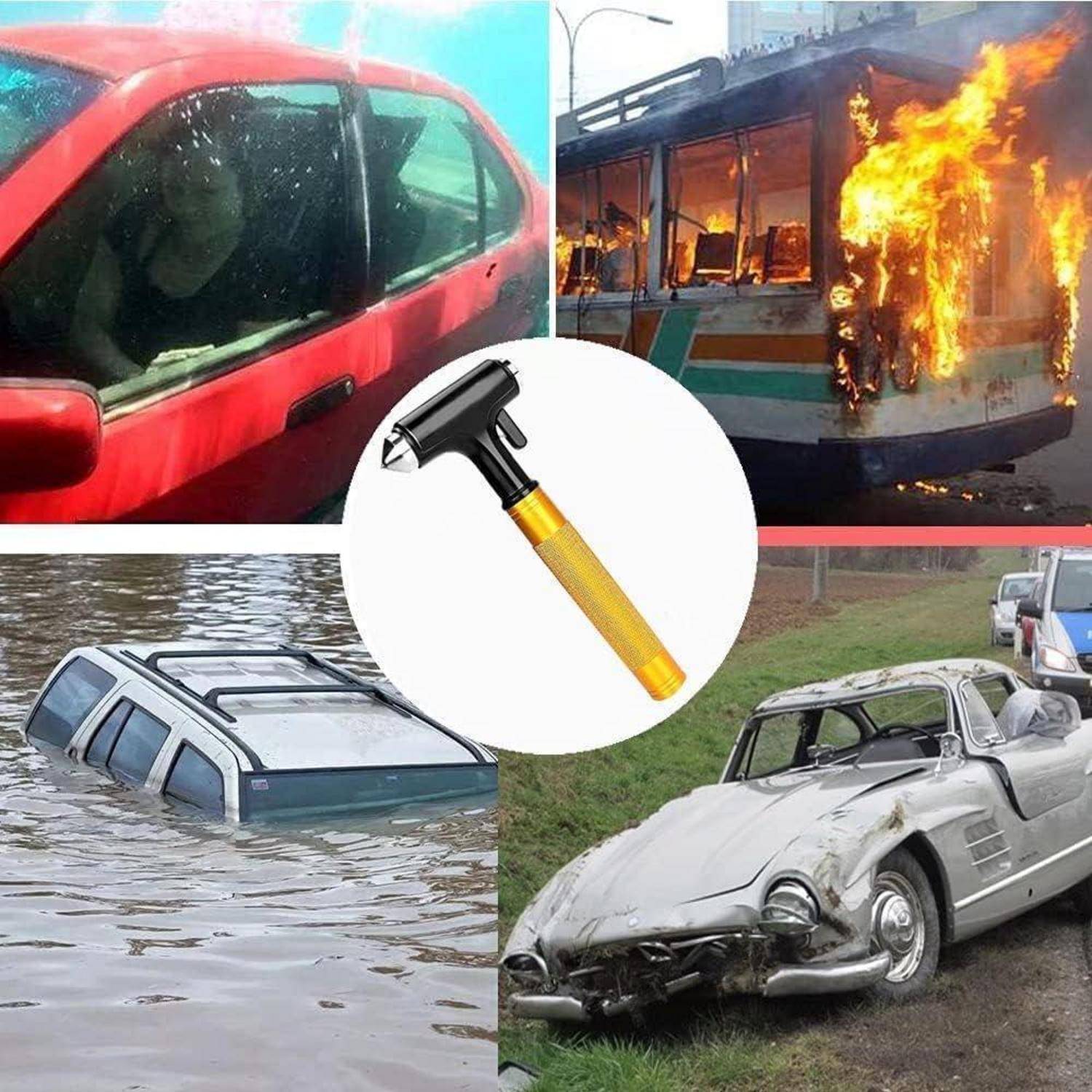 Collage von Notfallgefahren: Auto mit zersplittertem Fenster, brennender Bus, versunkener SUV und beschädigtes Unfallfahrzeug mit einem Hammersymbol in der Mitte.