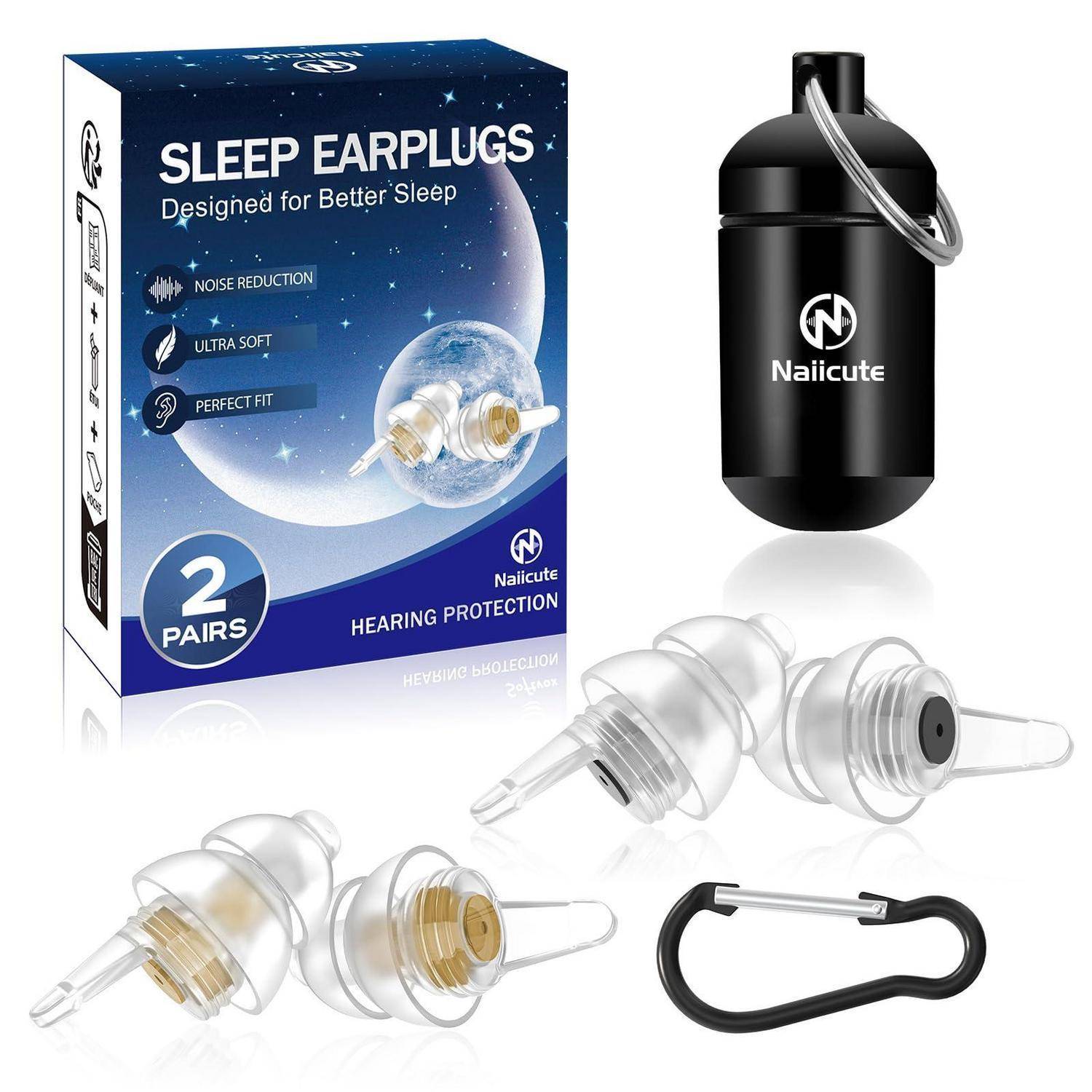 Produktbild von Naicute Schlaf-Ohrstöpseln: zwei durchsichtige wiederverwendbare Ohrstöpsel, schwarzes Etui mit Karabiner und Schachtel mit der Aufschrift „SLEEP EARPLUGS