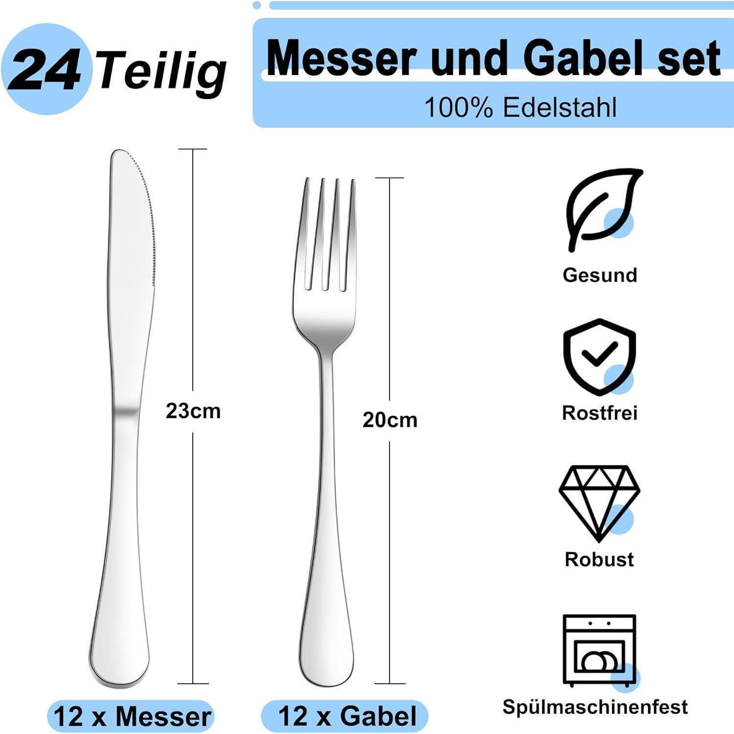 Produktgrafik für ein 24-teiliges 'Messer und Gabel Set' aus 100% Edelstahl: 12 Messer, 12 Gabel, Messer 23 cm, Gabel 20 cm, spülmaschinenfest, gesund, rostfrei, robust.