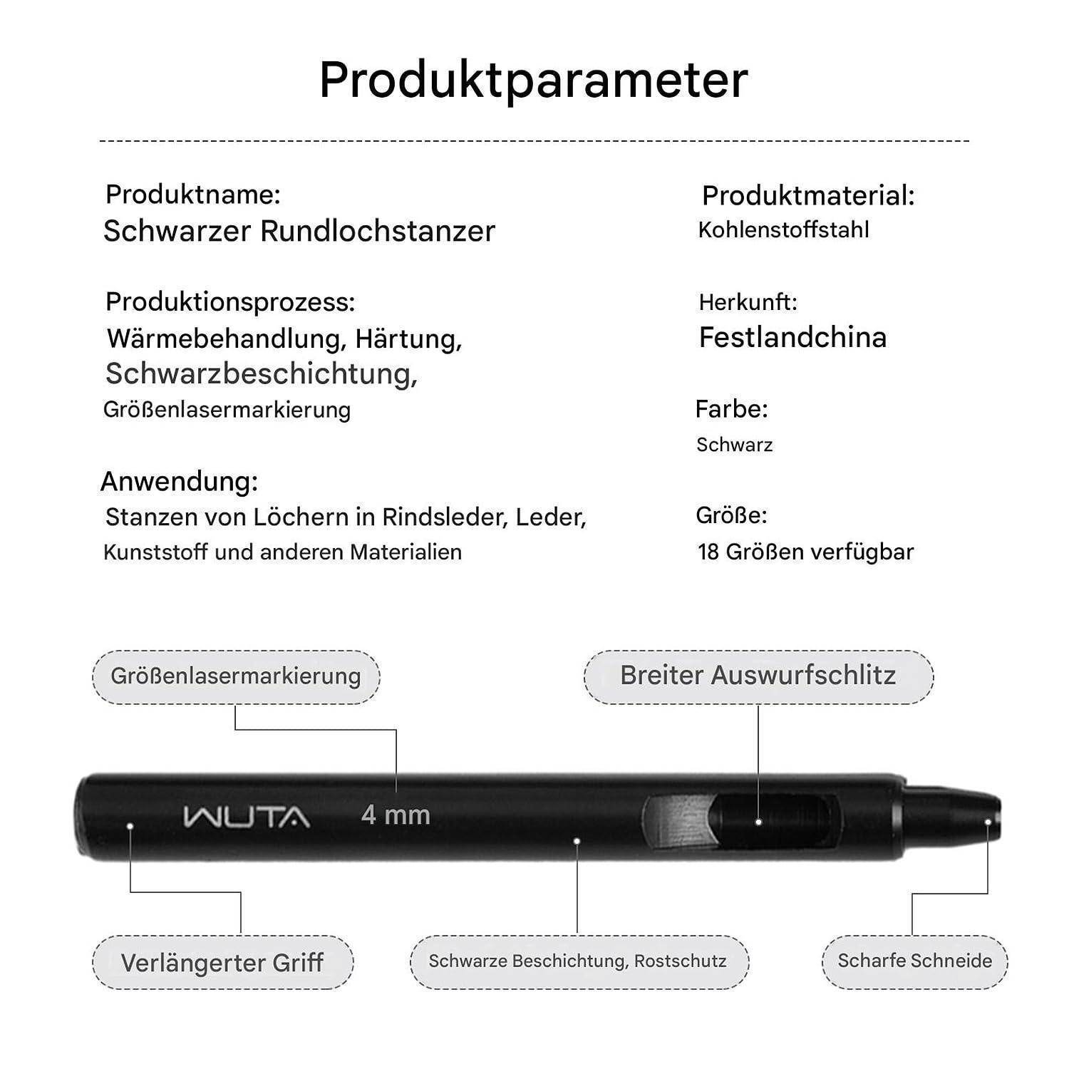 WUTA Schwarzer Leder Runde Lochstanzer,6 Stück Locheisen Set für Leder, Uhrenarmband, Dichtungsgürtel,Lochstanzer Locheisensatz(1+1.5+2+3+4+5mm) 1+