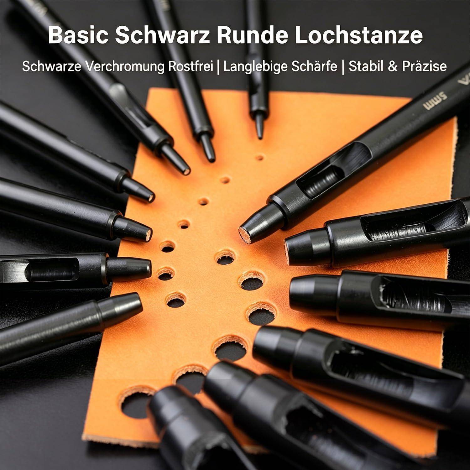 Lochstanzwerkzeuge mit schwarzem Schaft, angeordnet um orangefarbenes Leder, mit deutschem Text, der rostfreie, langlebige, scharfe und präzise Stanzwerkzeuge bewirbt.