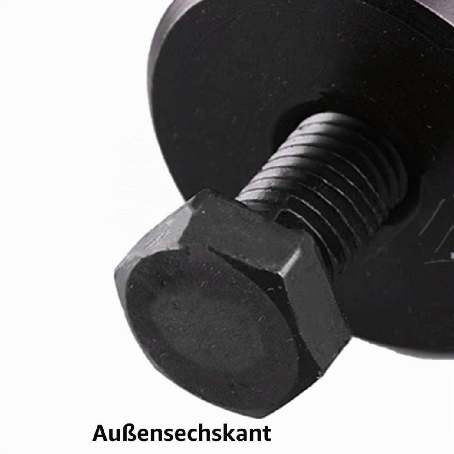 Nahaufnahme einer schwarzen Sechskantschraube mit Unterlegscheibe auf weißem Hintergrund, beschriftet mit "Außensechskant"".