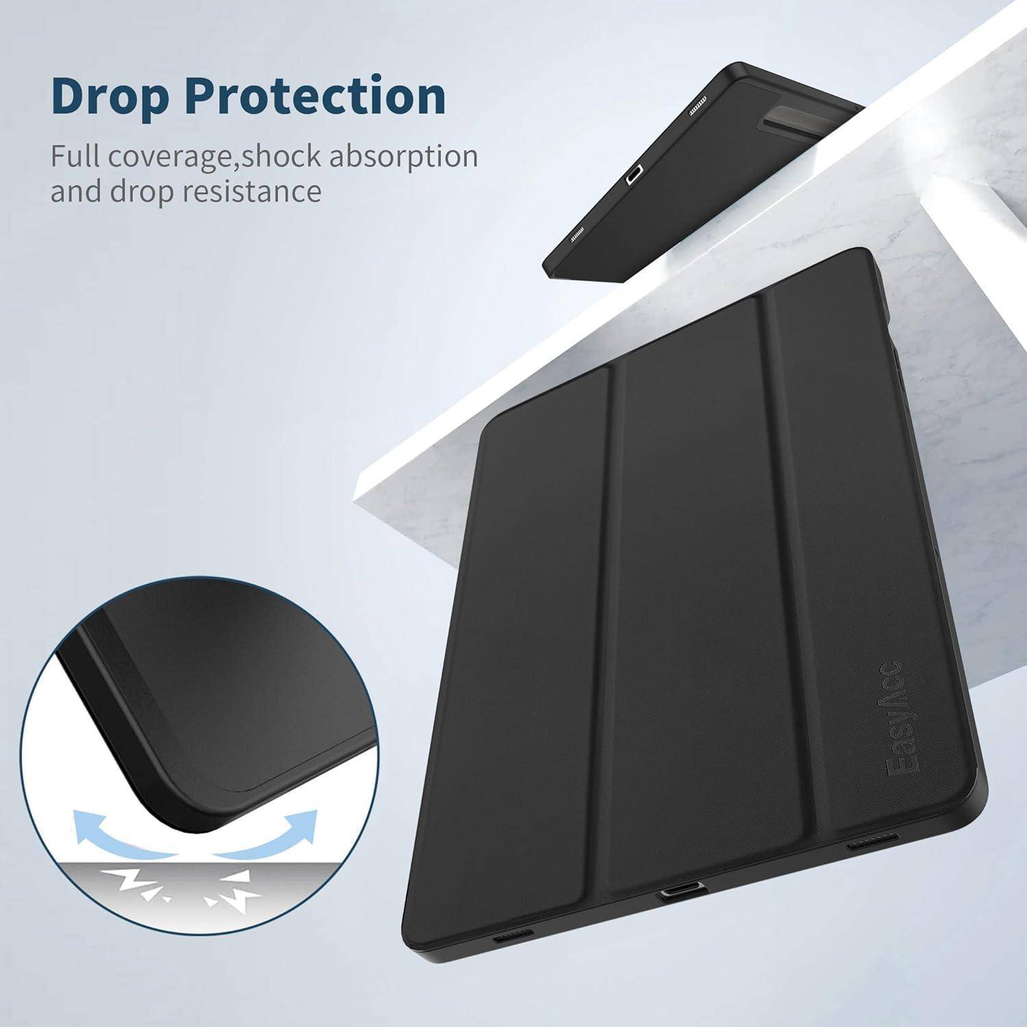 Werbebild einer schwarzen Tablet-Schutzhülle mit dem Text „Drop Protection" und „Vollständige Abdeckung, Stoßdämpfung und Fallschutz"", das den Eckenschutz bei Aufprall zeigt.