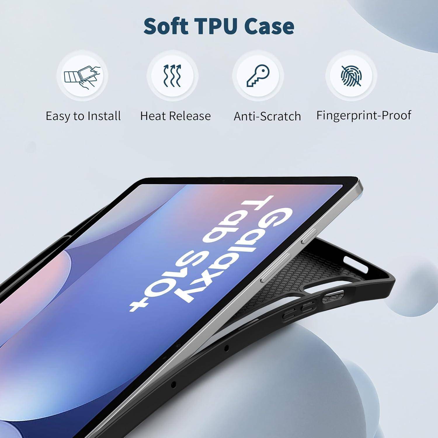 Werbegrafik eines "Soft TPU Case"" für ein Tablet, das einfache Installation, Wärmeableitung, Kratzerschutz und Fingerabdruckschutz zeigt, mit einem Gerät in der Hülle.
