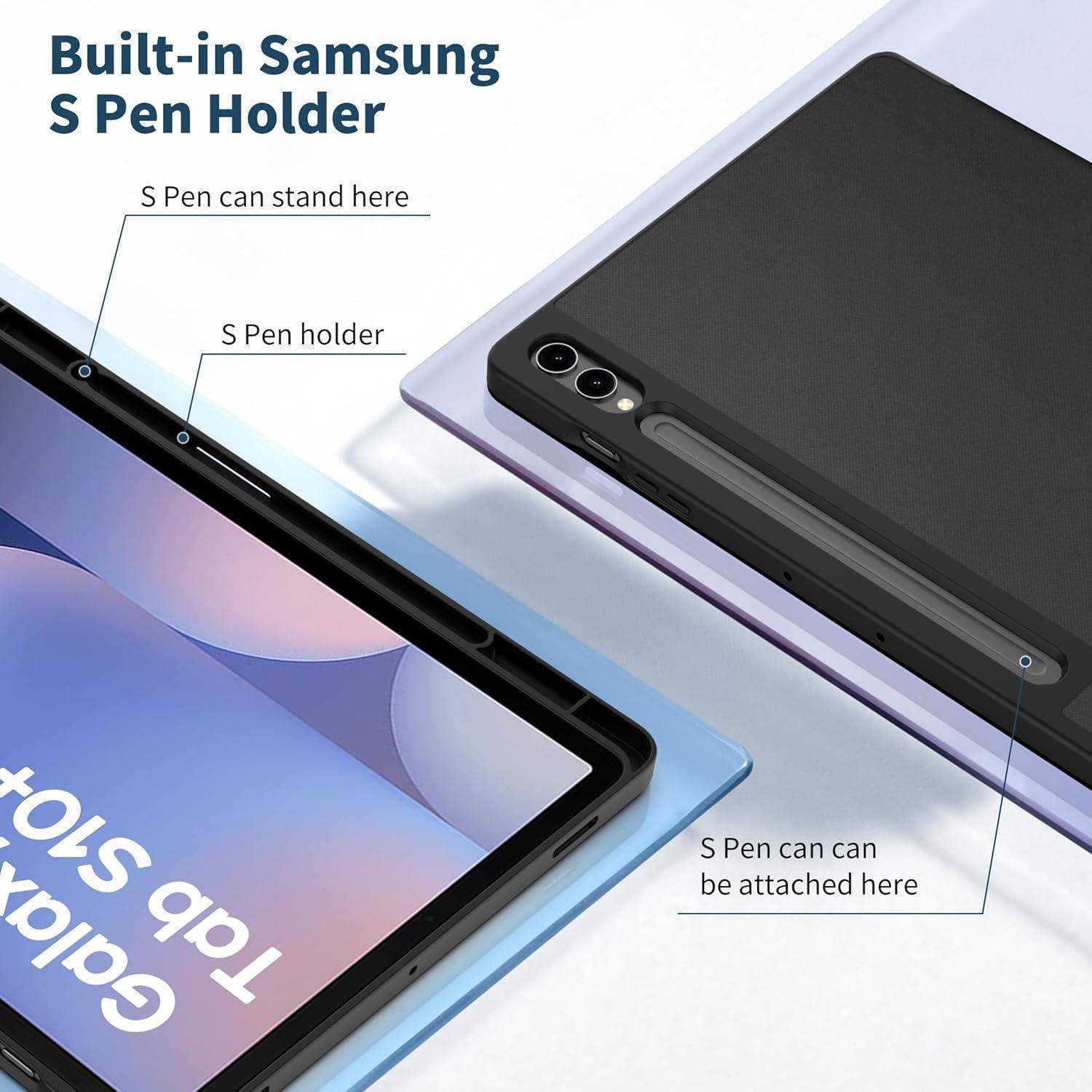 Samsung-Tablet mit integriertem S Pen-Halter und Ständer; Etiketten zeigen, dass der Stift hier ruhen oder hier angebracht werden kann.