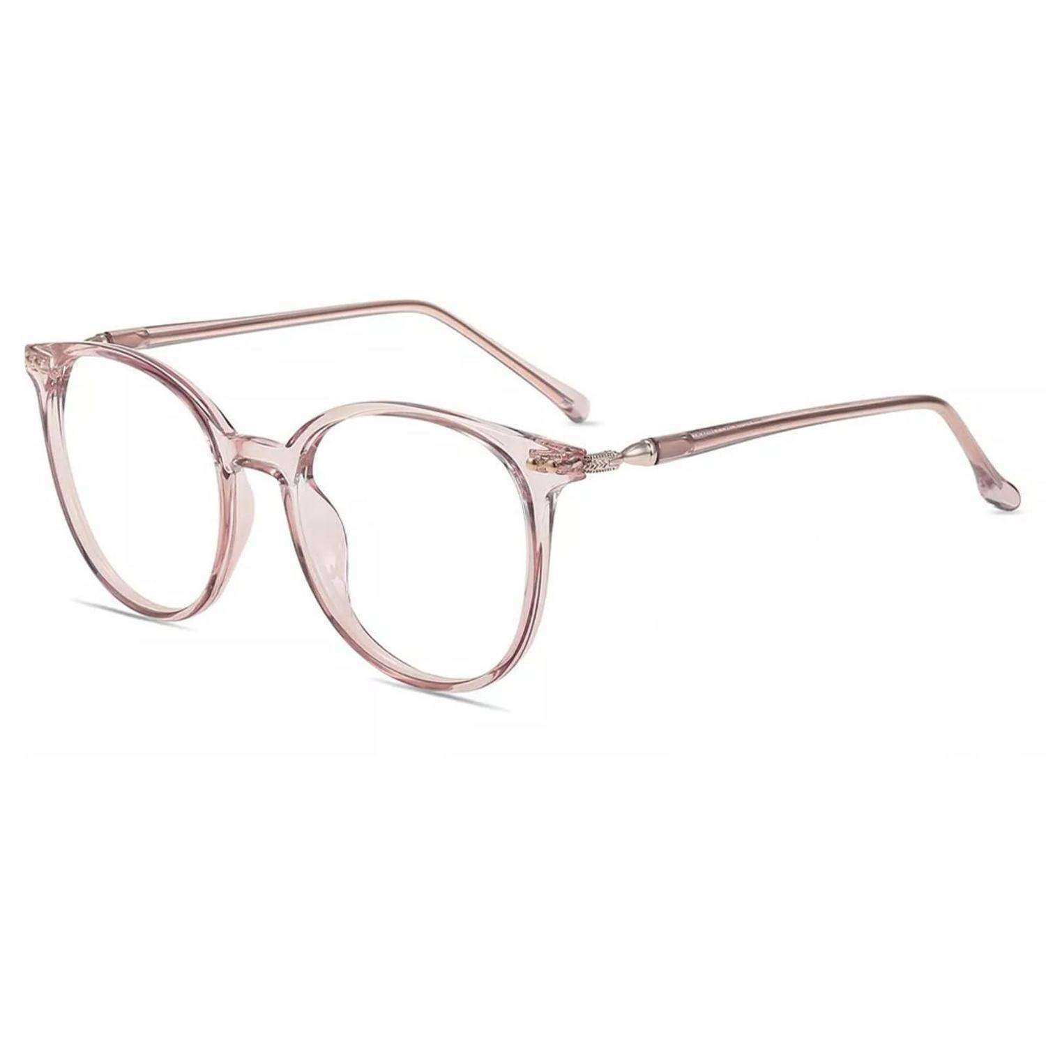 Hellrosa transparente Brille mit runden Gläsern und dünnen Metallbügeln auf weißem Hintergrund.
