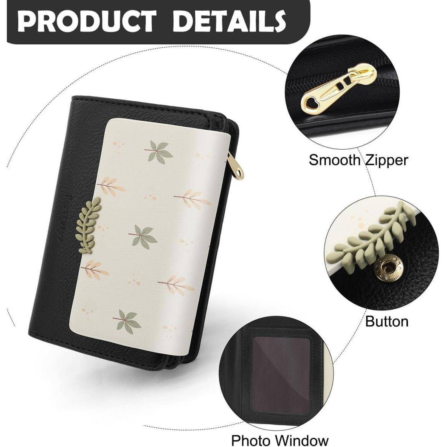 Produktdetailgrafik einer schwarzen Geldbörse mit Reißverschluss und Blumendesign, die einen glatten Reißverschluss, Knopfverschluss und ein Fotofenster zeigt.