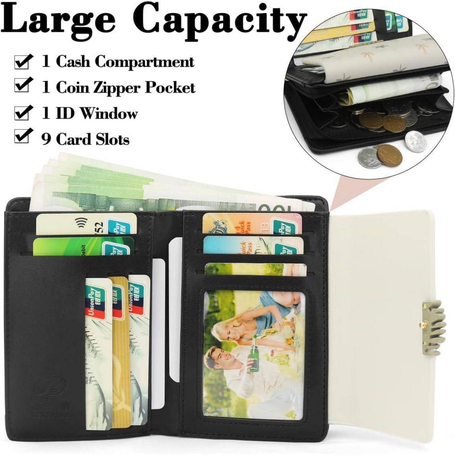 Schwarze Bi-Fold-Geldbörse, offen dargestellt, mit mehreren Kartensteckplätzen, ID-Fenster, Geldschein-Fach und Münztasche; Produktabbildung 
