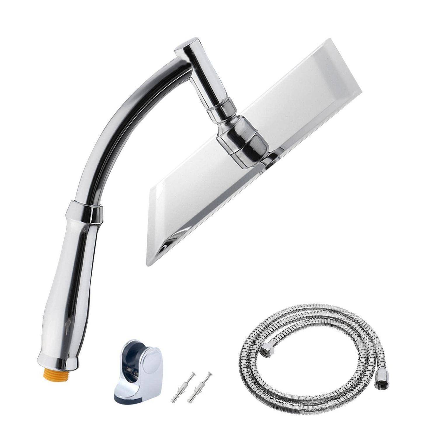Chrom-Handbrausen-Set mit quadratischer Sprühfläche, Schlauch, Wandhalter und Befestigungsschrauben auf weißem Hintergrund.