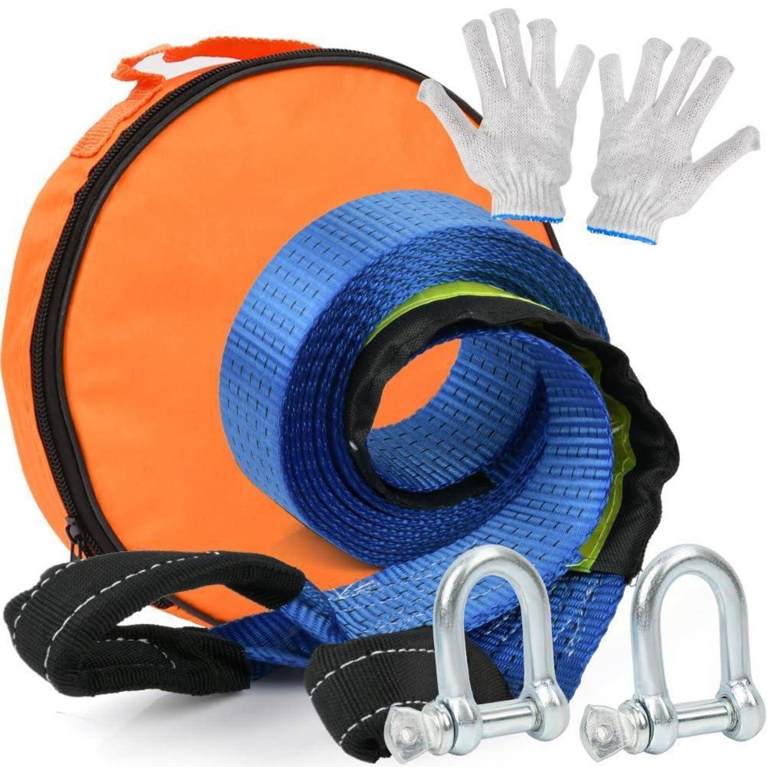 Abschleppgurt-Set mit blauem Bergungsgurt, orangefarbener Tragetasche, Arbeitshandschuhen und zwei Metallschäkeln auf weißem Hintergrund.