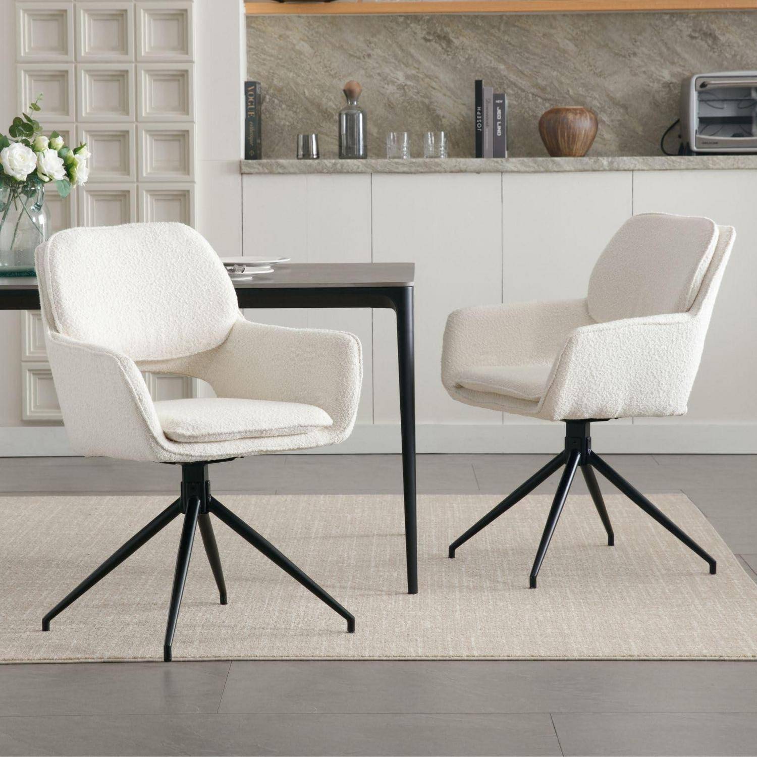 Ya-Home Esszimmerstühle 2er Set drehbar, Polsterstühle mit Armlehnen Drehstuhl Esszimmer Küchenstühle mit Metallbasis, Teddystoff, Weiß 1 Weiß