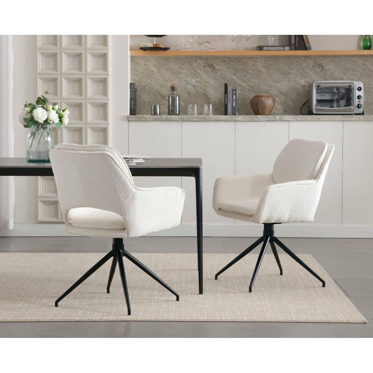 Ya-Home Esszimmerstühle 2er Set drehbar, Polsterstühle mit Armlehnen Drehstuhl Esszimmer Küchenstühle mit Metallbasis, Teddystoff, Weiß 1 Weiß