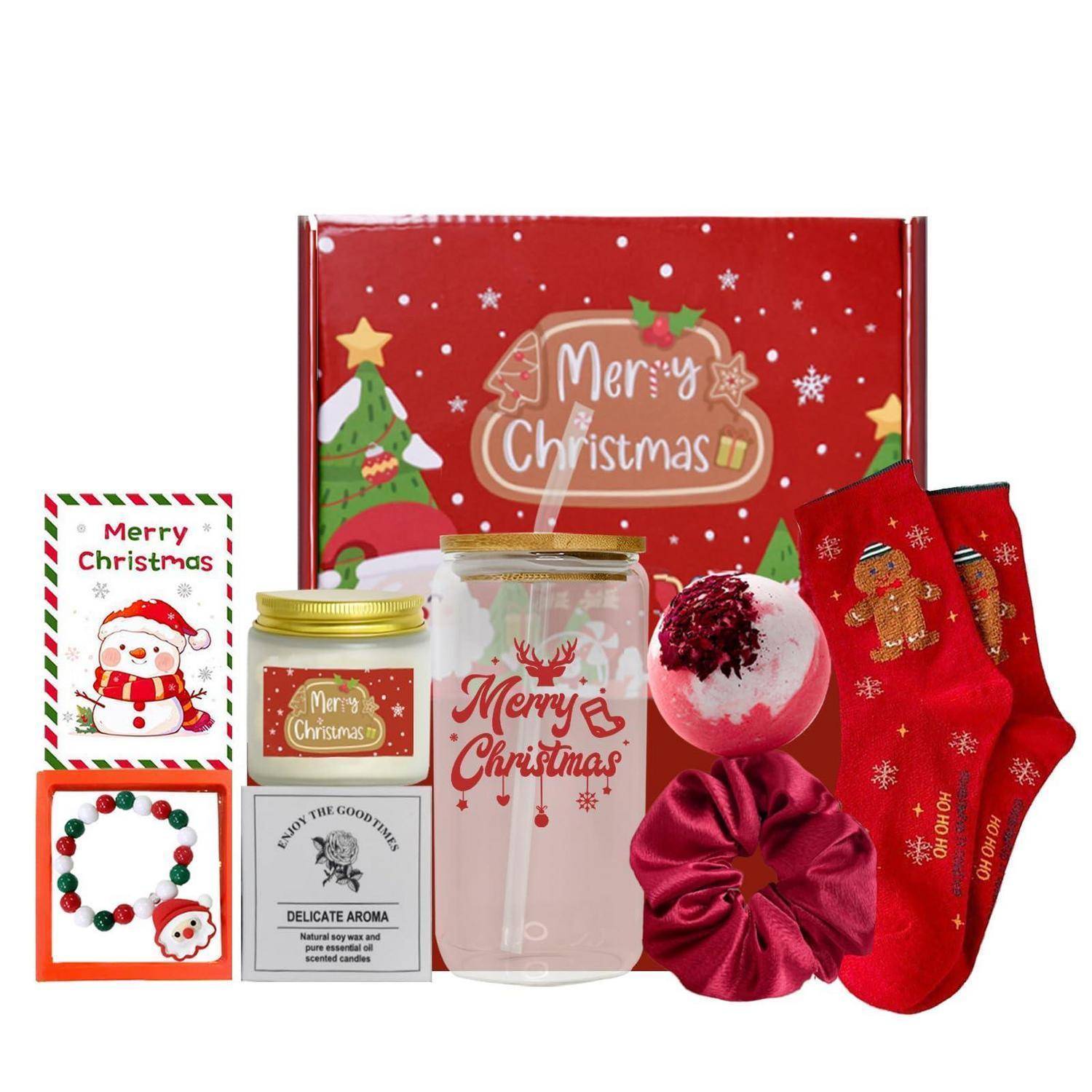 Frohe-Weihnachts-Geschenkset mit festlicher roter Verpackung, Kerzenglasern, Badebombe, Satinhaargummi, Weihnachtskarte, Perlienarmband und Socken.