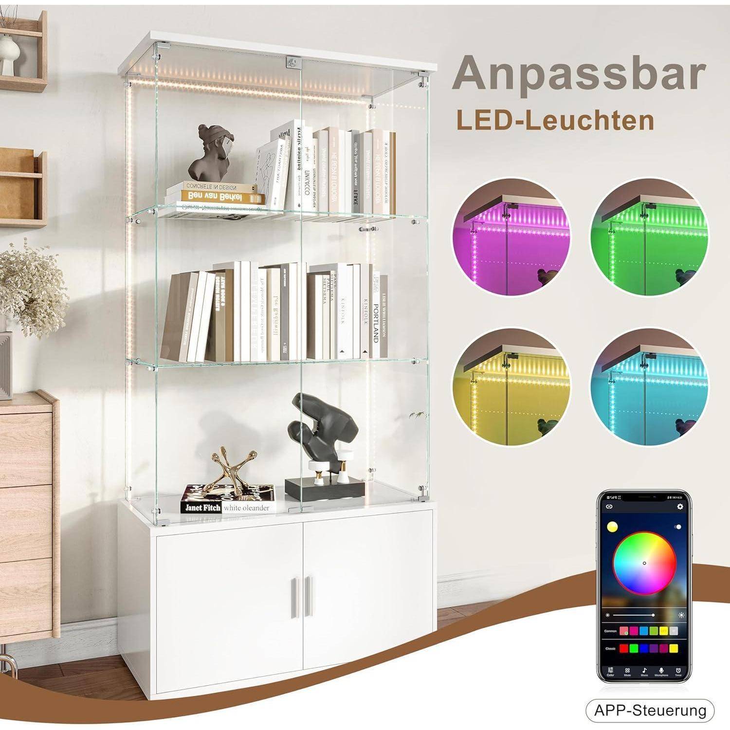 Glassvitrinen mit verstellbarer LED-Beleuchtung, in mehreren Farben dargestellt und über eine Smartphone-App gesteuert.