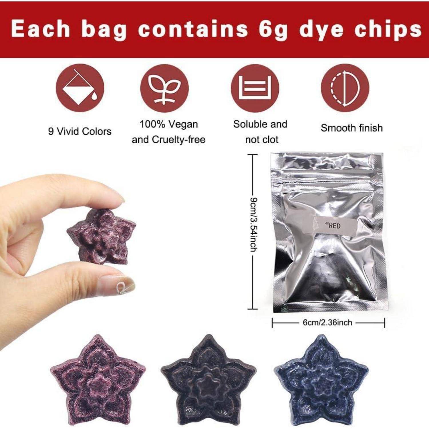 Produktinfografik zeigt eine Hand, die einen sternförmigen Farbstoffchip und ein silbernes Päckchen hält; der Text besagt, dass jeder Beutel 6g Farbstoffchips enthält, mit 9 lebendigen Farben, vegan, löslich und glatter Oberfläche.
