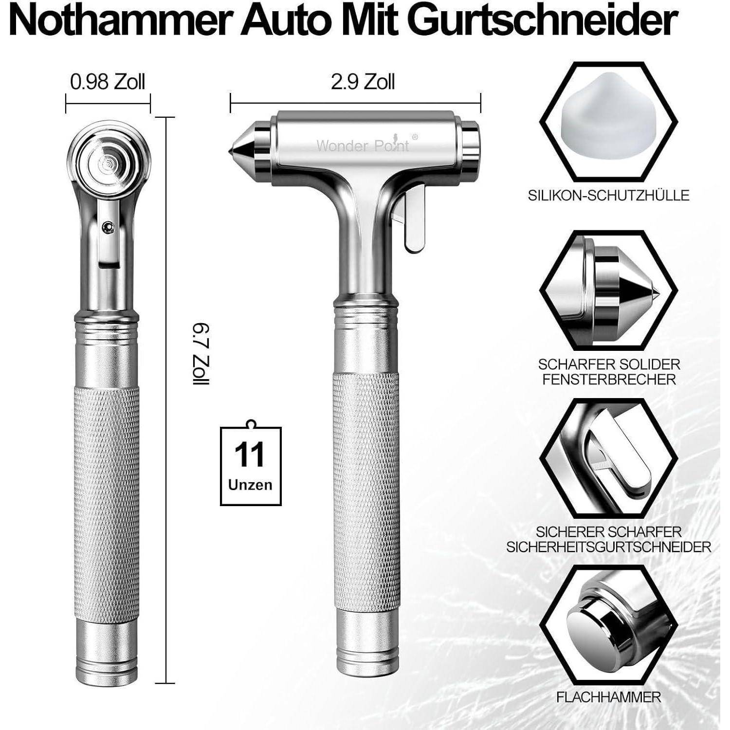 Produktdiagramm eines verchromten Auto-Notfallwerkzeugs mit der Bezeichnung „Nothammer Auto Mit Gurtschneider