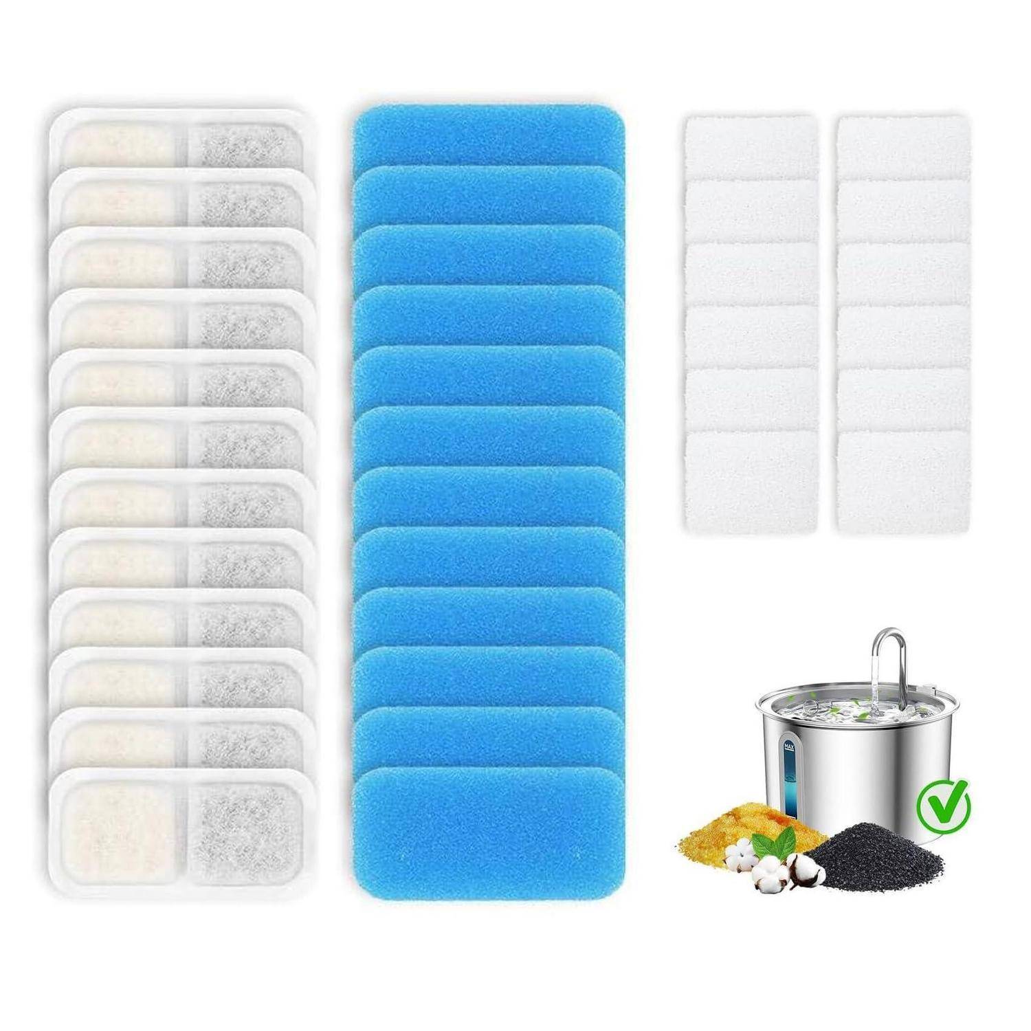 Sortierte rechteckige selbstklebende Filterpads in Weiß und Blau, dargestellt mit einem Metallbehälter und Filtermaterialien zur Angabe der Filtrationsverwendung.