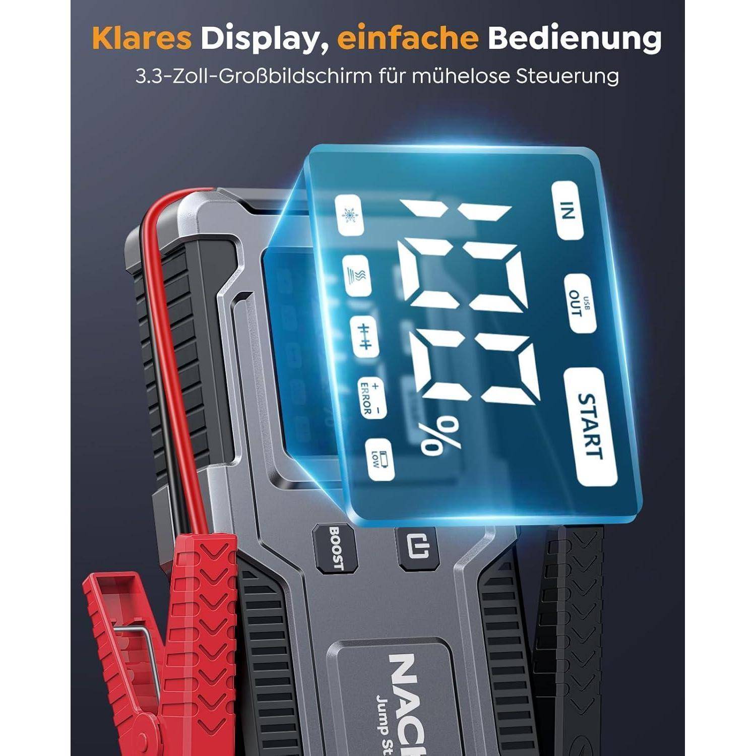 Starthilfe Powerbank 6000A,12V Batterie Booster (bis zu 9L Benzin und 7L Diesel), Auto Starthilfe mit integriertem Starthilfekabel, LED-Lampe