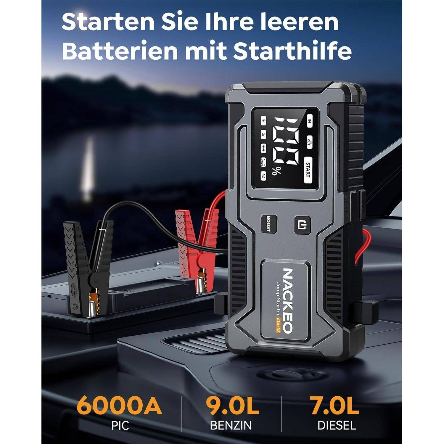 Starthilfe Powerbank 6000A,12V Batterie Booster (bis zu 9L Benzin und 7L Diesel), Auto Starthilfe mit integriertem Starthilfekabel, LED-Lampe