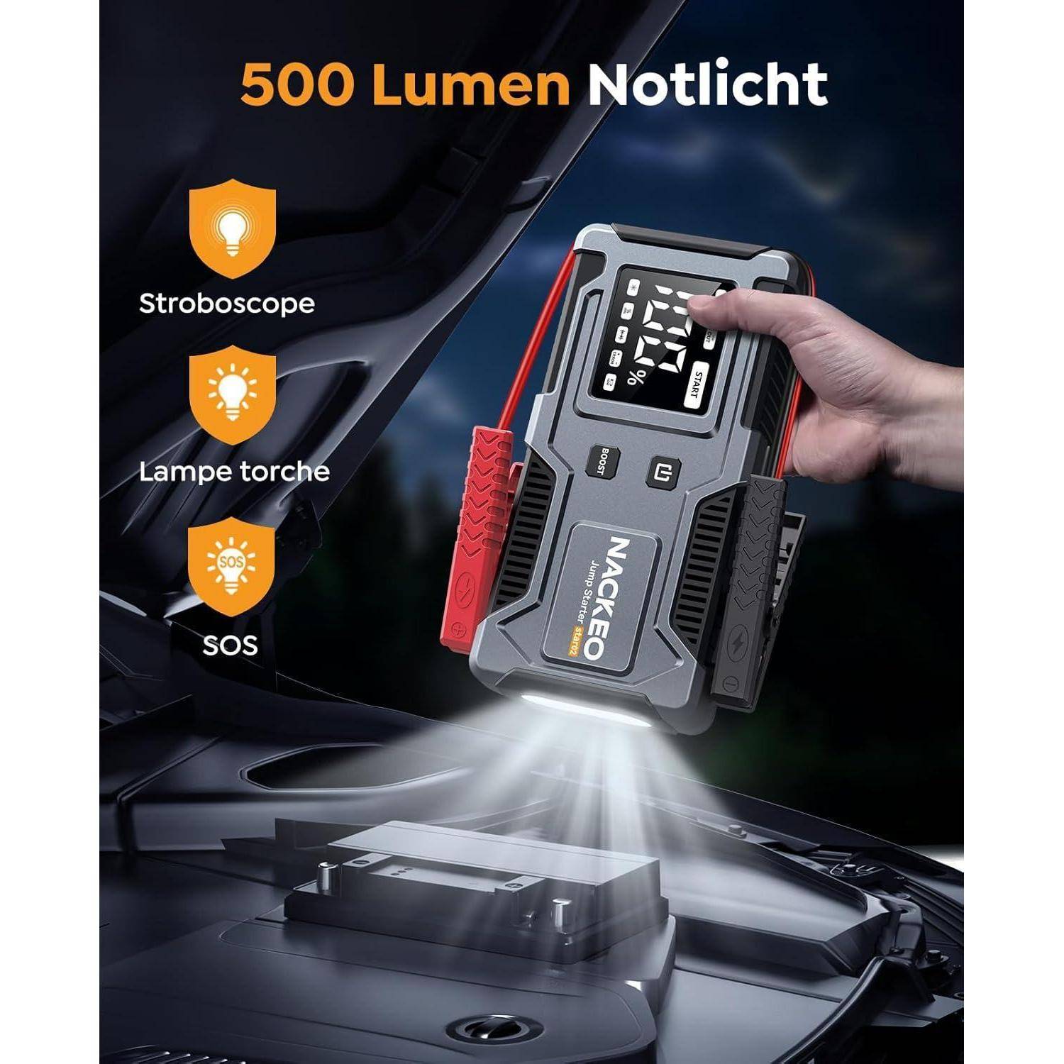Starthilfe Powerbank 6000A,12V Batterie Booster (bis zu 9L Benzin und 7L Diesel), Auto Starthilfe mit integriertem Starthilfekabel, LED-Lampe