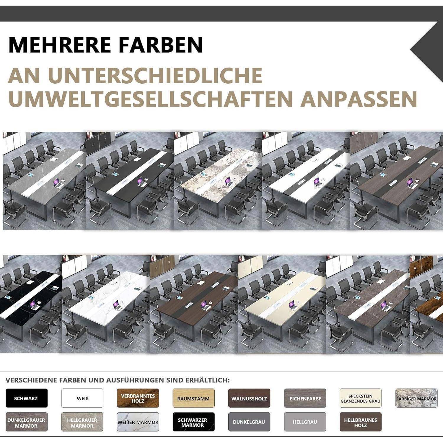 Grafik mit Konferenztischen in mehreren Farb- und Oberflächenoptionen, mit dem deutschen Text „Mehrere Farben an unterschiedliche Umwelten anpassen