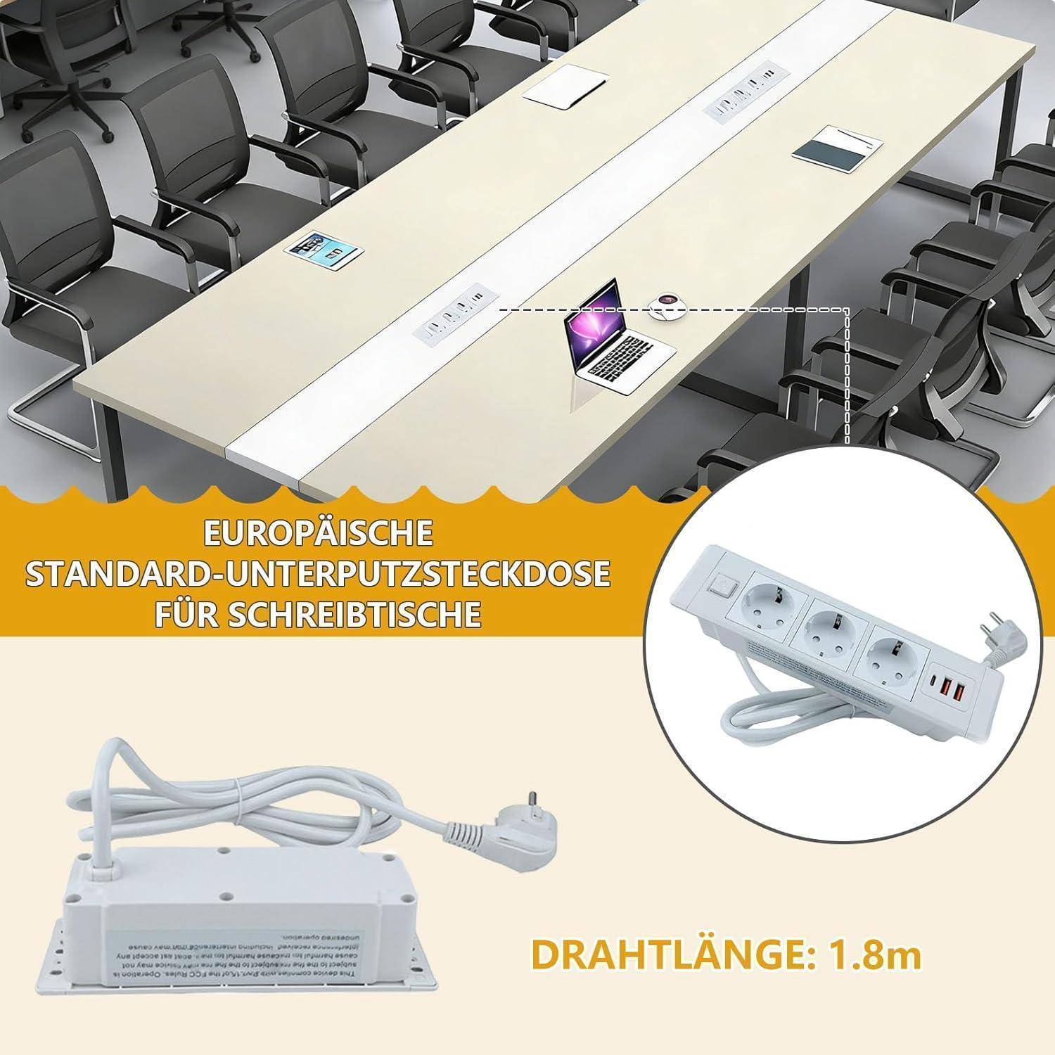 Anzeige für eine europäische Schreibtisch-Steckdosenleiste unter dem Tisch mit Steckdosen und 1,8 m Kabel, installiert in einem Konferenztisch mit einer vergrößerten Detailansicht.